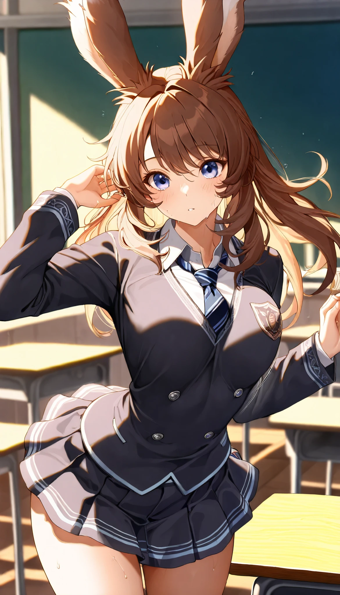 (((( masterpiece)))), (((( Top Quality)))), (((Mysterious transfer student from another world、classroom))), Hi-Res,fine grain, detailed face, Very detailed facial depiction, detailed eyes 、detailed face、detailed hair 、 Sparkling Skin 、sweat、viera, is a student at the Magic Academy , transparent school uniform , , mini skirt 、 action, bouncing chest , ,