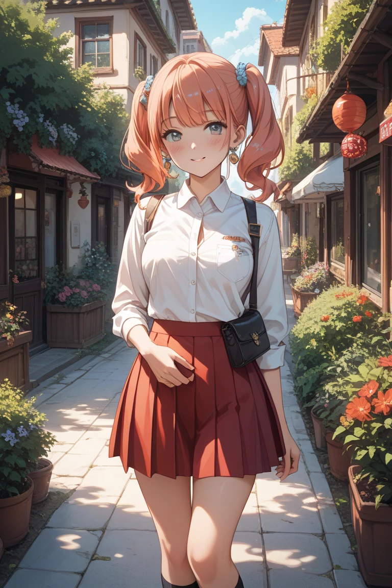 NSFW,masterpiece,Highest quality,High resolution,Very detailed,short hair,Red Hair,Red eyes,Slit eyes,Off-the-shoulder shirt,Long sleeve,Checkered pleated mini skirt,Knee-high socks,bustling street,shop window,smile