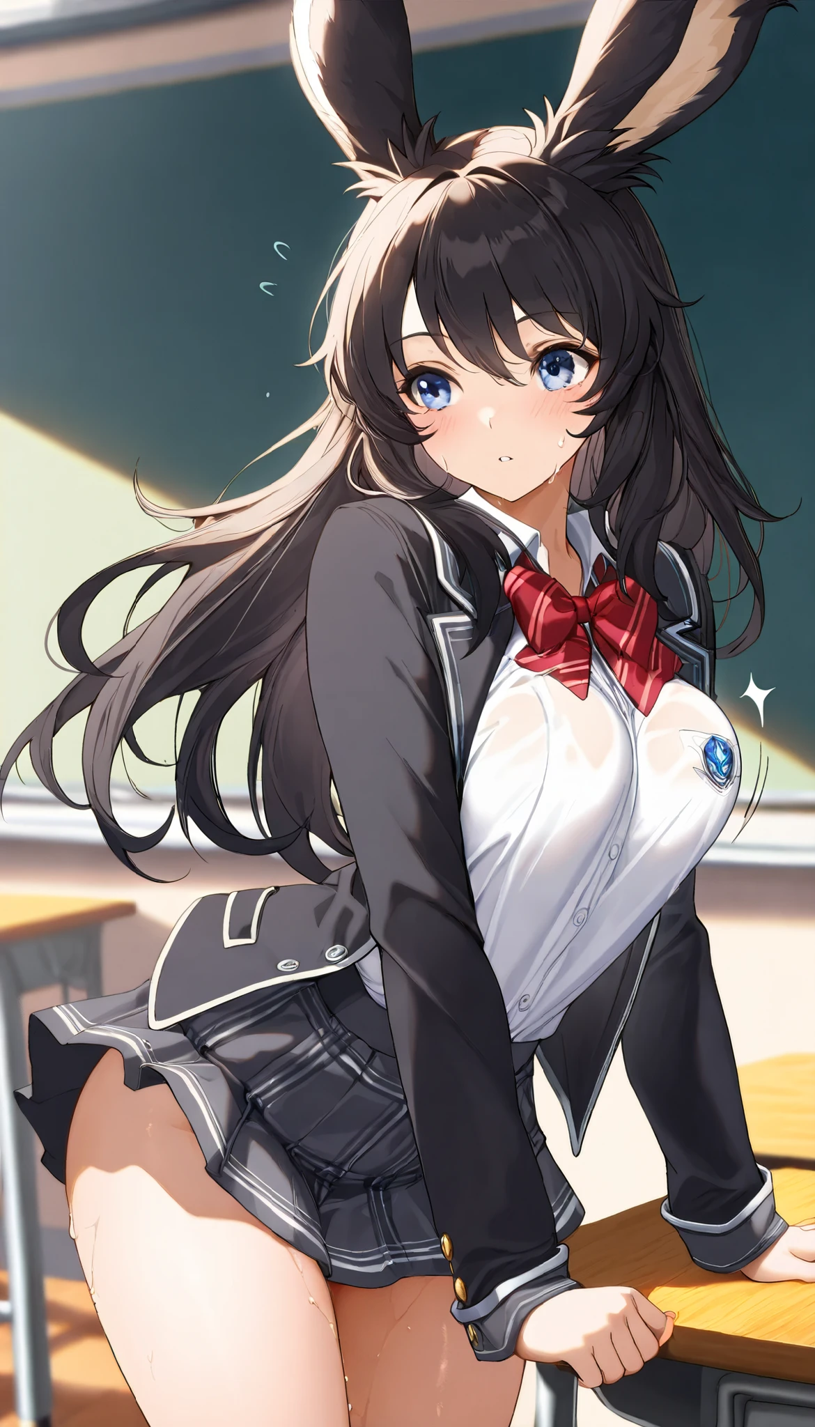 (((( masterpiece)))), (((( Top Quality)))), (((Mysterious transfer student from another world、classroom))), Hi-Res,fine grain, detailed face, Very detailed facial depiction, detailed eyes 、detailed face、detailed hair 、 Sparkling Skin 、sweat、viera, is a student at the Magic Academy , transparent school uniform , , mini skirt 、 action, bouncing chest , ,
