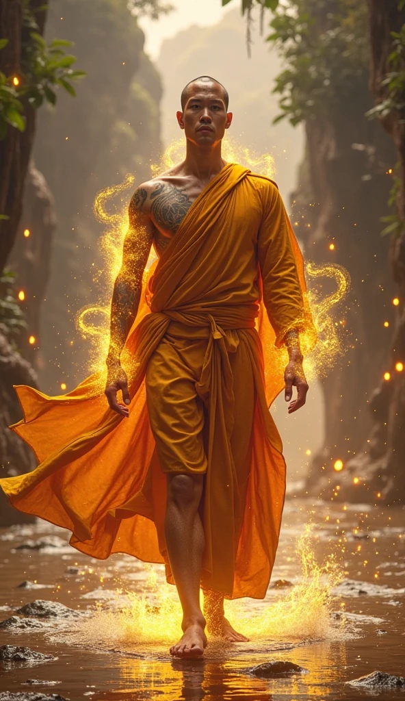 (A man with a (Buddha's knot)) wearing a orange monk's robe and walking in a sea of storms, halo, lightning, streaks of light coming down from the sky, handsome face, slight smile, very detailed face, 48 years old, slender, (light pink skin), full body, barefoot, wide shot, masterpiece, best quality, volumetric lighting,