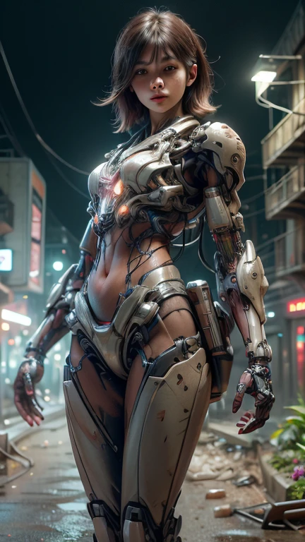 (full body), (from below:1.3) (pencil art:1.2) full body view (cyborg girl:1.2) in a (((bikini))). (thin robotic spine:1.3), standing in water on an island. orangecyangrey colors, ((tattoos)), on a jungle background on a shore. strap leather bracelets, slim, bare feet, athletic, soft, intricate fabric, delicate fabric, lace, sweaty, ((skimpy)), athletic, sci-fi, cyborg, dirty face