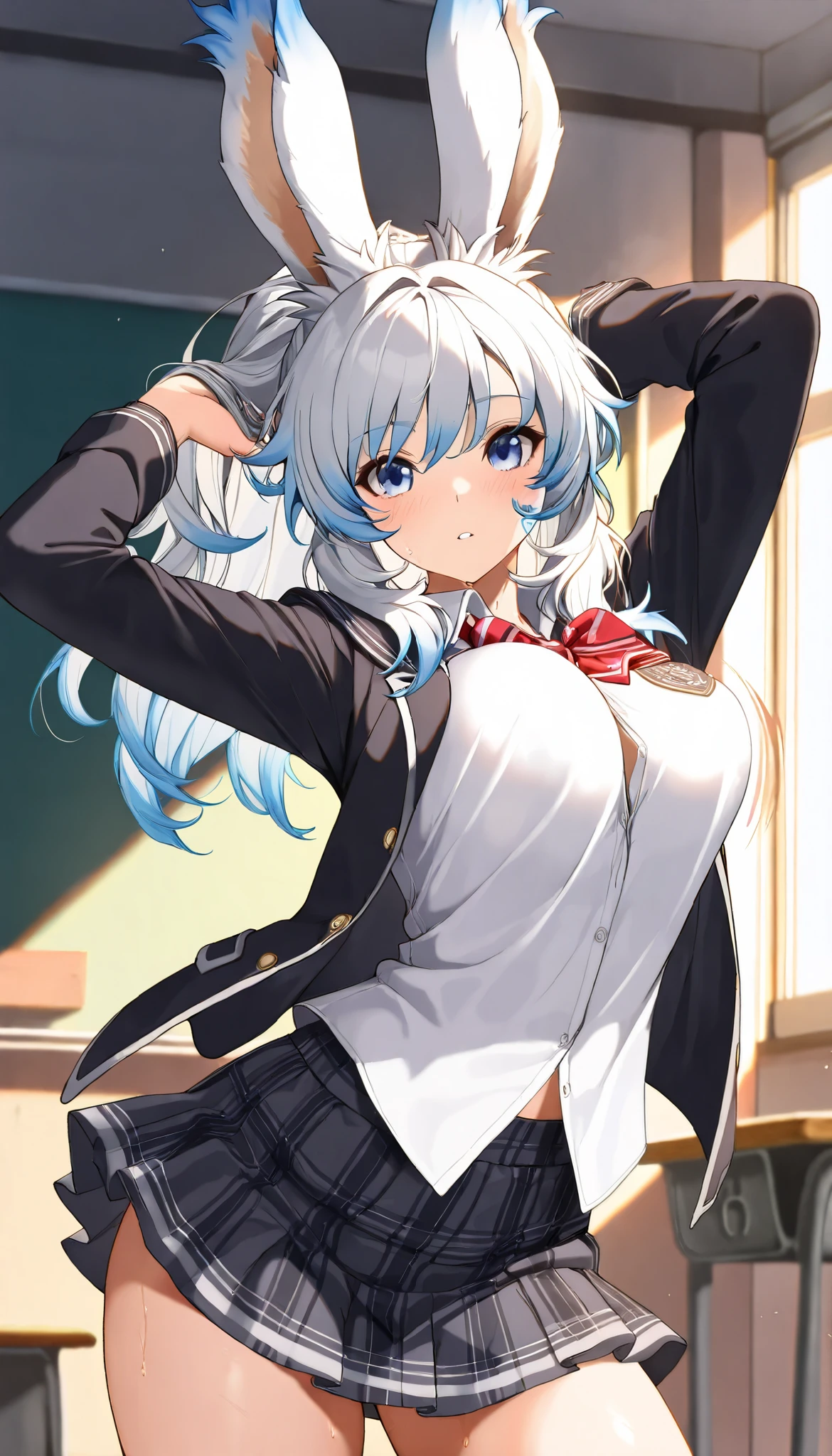 (((( masterpiece)))), (((( Top Quality)))), (((Mysterious transfer student from another world、classroom))), Hi-Res,fine grain, detailed face, Very detailed facial depiction, detailed eyes 、detailed face、detailed hair 、 Sparkling Skin 、sweat、viera, is a student at the Magic Academy , transparent school uniform , , mini skirt 、 action, bouncing chest , ,