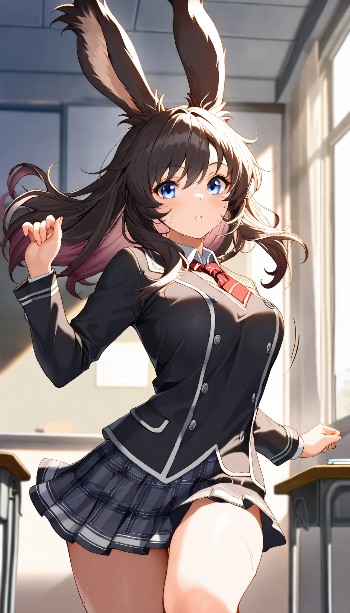 (((( masterpiece)))), (((( Top Quality)))), (((Mysterious transfer student from another world、classroom))), Hi-Res,fine grain, detailed face, Very detailed facial depiction, detailed eyes 、detailed face、detailed hair 、 Sparkling Skin 、sweat、viera, is a student at the Magic Academy , transparent school uniform , , mini skirt 、 action, bouncing chest , ,
