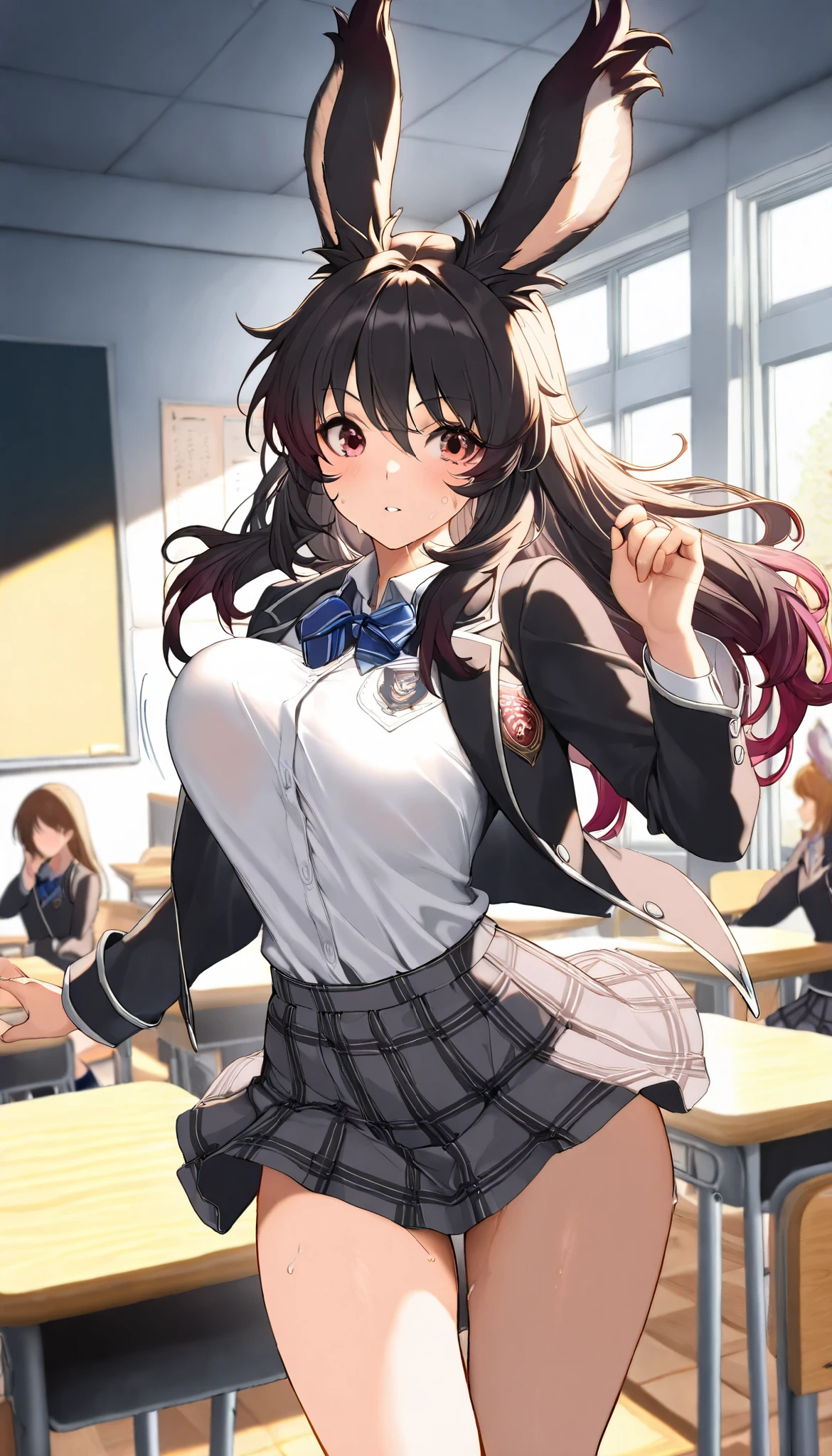 (((( masterpiece)))), (((( Top Quality)))), (((Mysterious transfer student from another world、classroom))), Hi-Res,fine grain, detailed face, Very detailed facial depiction, detailed eyes 、detailed face、detailed hair 、 Sparkling Skin 、sweat、viera, is a student at the Magic Academy , transparent school uniform , , mini skirt 、 action, bouncing chest , ,