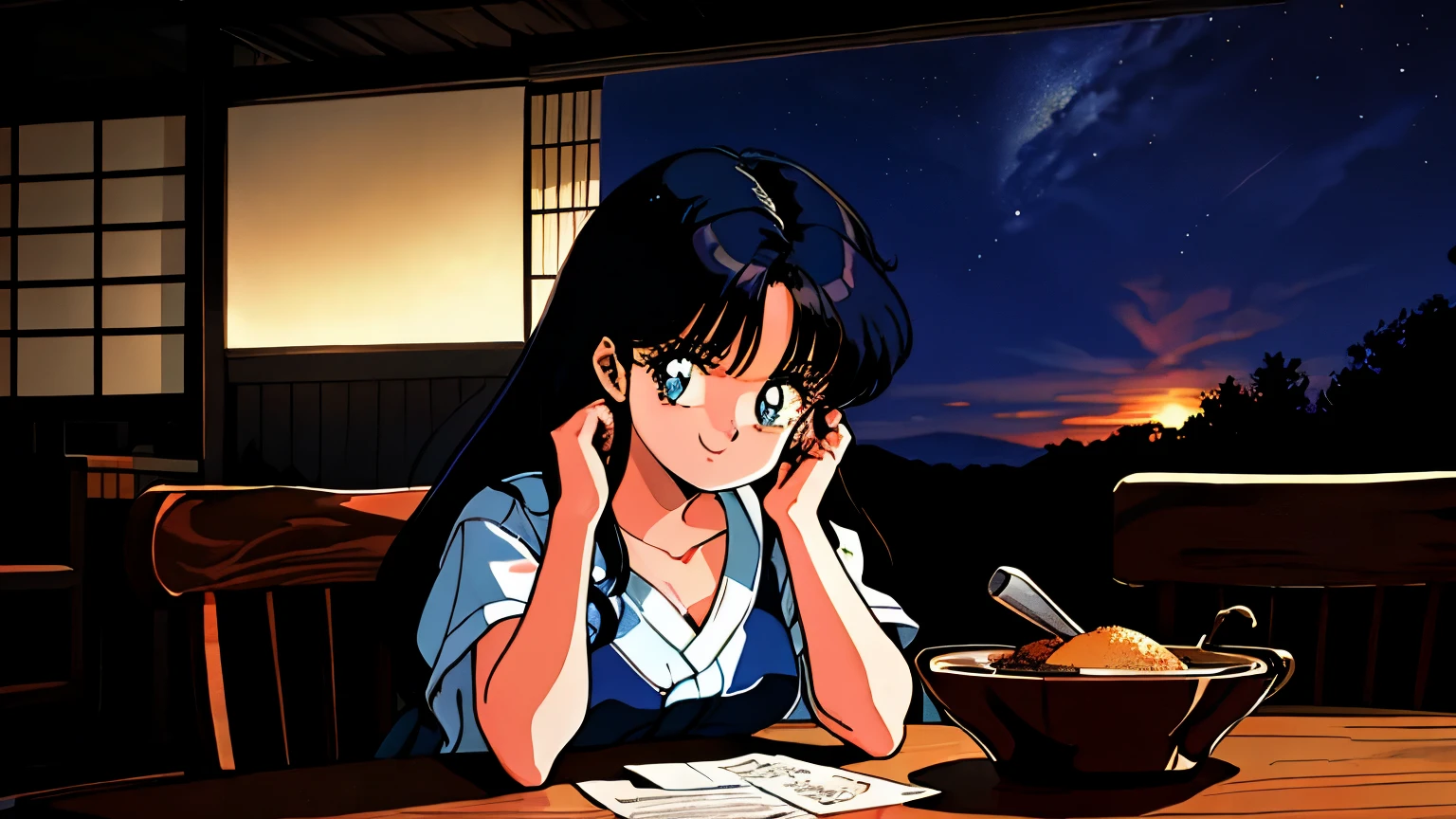 illustration, Japanese illustrative style, high resolution, masterpiece, accurate, has won numerous awards, high quality, 4K,80s style,Cafe、Stylish、 coffee、Night Cafe、beautiful、Attractive、 calm atmosphere