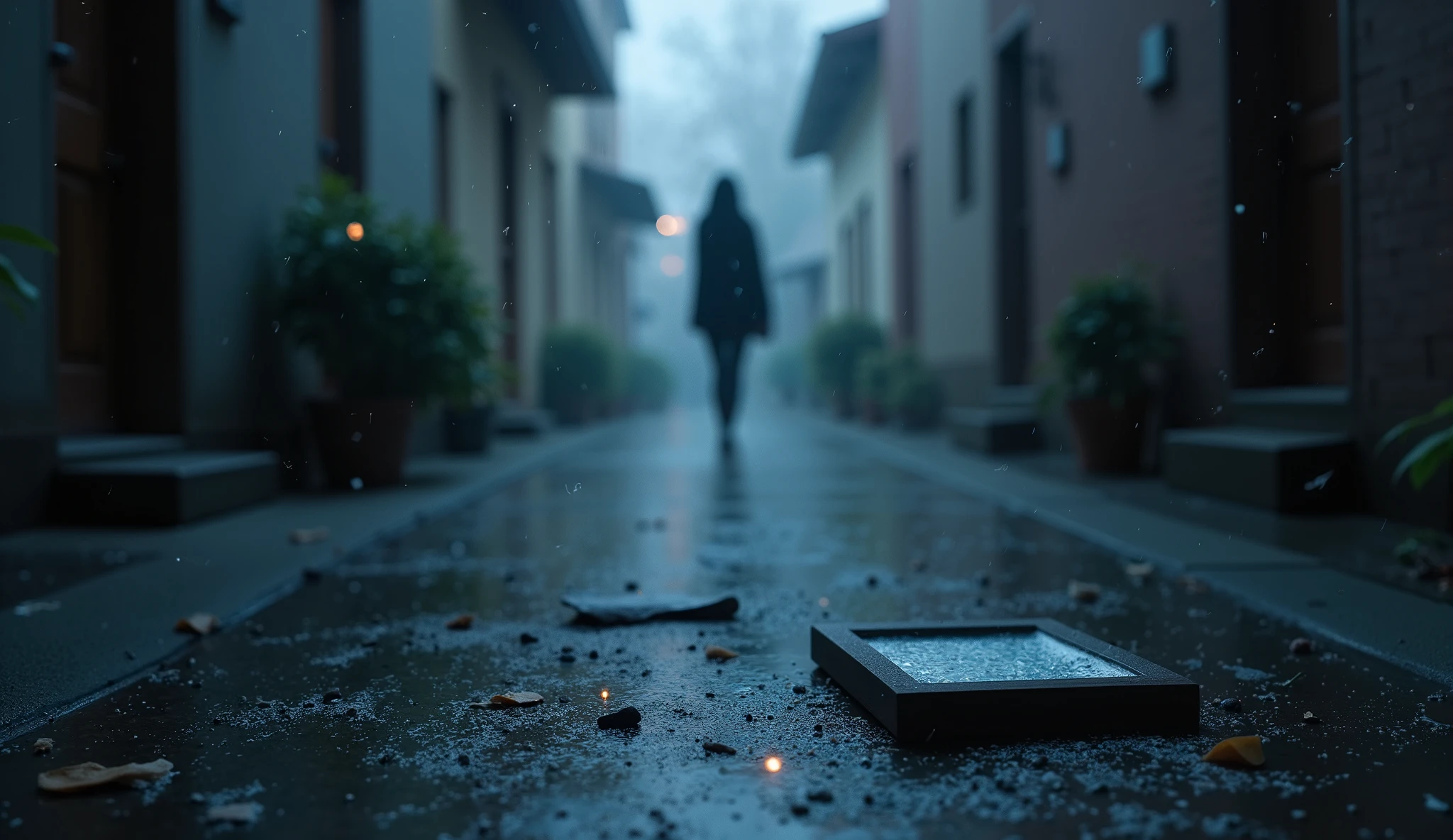 "Create a dark, moody background image with a mix of cold tones like deep blues, grays, and purples. Feature a shattered photo frame or mirror in the foreground, with pieces scattered across the scene, symbolizing broken memories and relationships. Include a faint, ghostly silhouette of a person walking away or fading into the background, representing the lost love and the desire to forget. Set the scene in a cold, empty room or a dimly lit urban alleyway to evoke a sense of isolation and despair. Add falling snow or rain to enhance the melancholy mood. Incorporate subtle cultural elements like floral motifs, batik designs, or glowing lanterns to resonate with Taiwanese, Malaysian, and Vietnamese viewers. Add a touch of retro-futurism with subtle holographic accents and soft light streaks. The overall mood should feel heavy with sadness, regret, and a sense of being trapped in memories, appealing to a young, trend-savvy audience.
