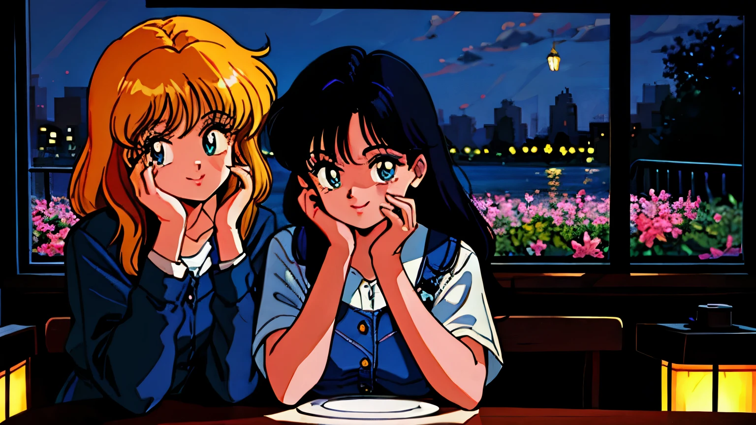 illustration, high resolution, masterpiece, accurate, has won numerous awards, high quality, 4K,80s style drawing,Cafe、Stylish、 coffee、夜のCafe、beautiful、Attractive、 calm atmosphere