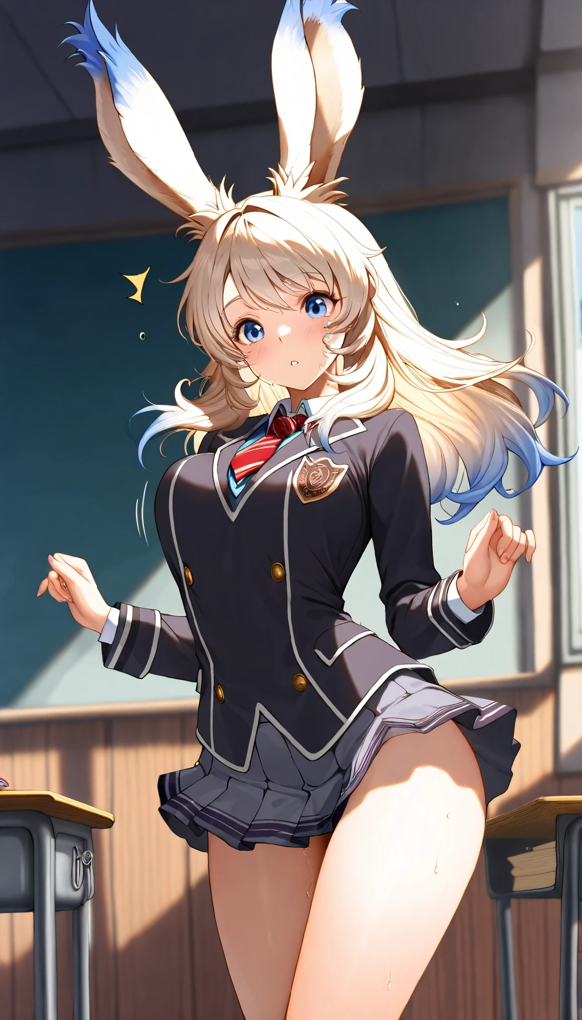 (((( masterpiece)))), (((( Top Quality)))), (((Mysterious transfer student from another world、classroom))), Hi-Res,fine grain, detailed face, Very detailed facial depiction, detailed eyes 、detailed face、detailed hair 、 Sparkling Skin 、sweat、viera, is a student at the Magic Academy , transparent school uniform , , mini skirt 、 action, bouncing chest , ,