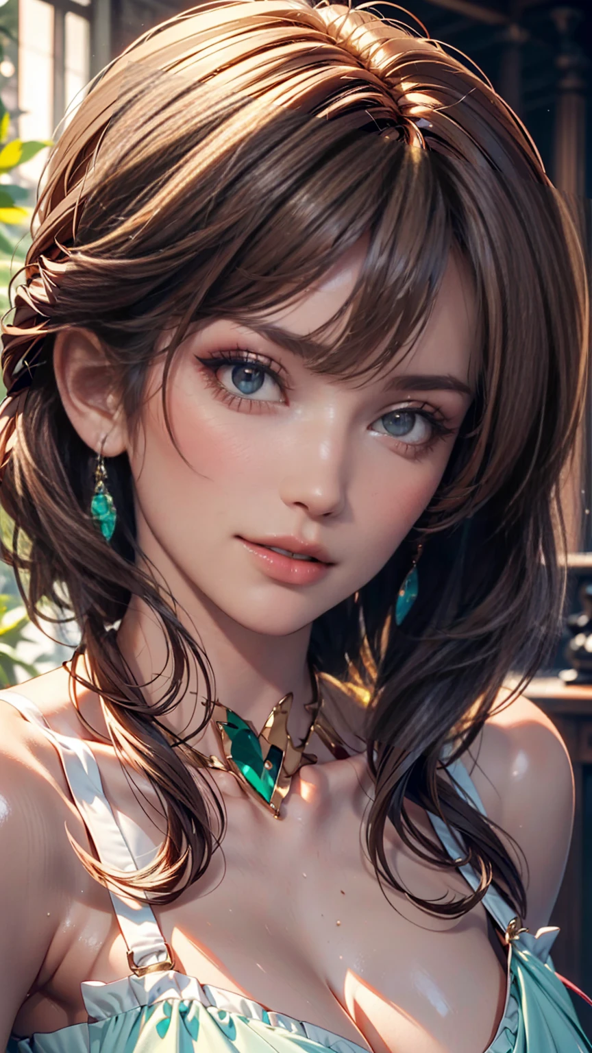 ((Brunette))), ((green eyes)), blue necklace, green earrings, Fit, Gorgeous Body, gorgeous, brown eyebrows, (mole on her upper  lip), big pupils, (18 years old), complex skin, warm light, 5 fingers, ((detailed face, best quality)), ((masterpiece)), ((ultra-detailed)), (beautiful detailed eyes), pink lip, eyeshadow, beautiful face, long hair, very detailed eyes, intricate details in eyes, perfect lips, good lighting, ((wearing hot outfit)), long hair, detailed face, mean smirk, evil face, ((in a alley)), ((masterpiece: 1.4)), big ,