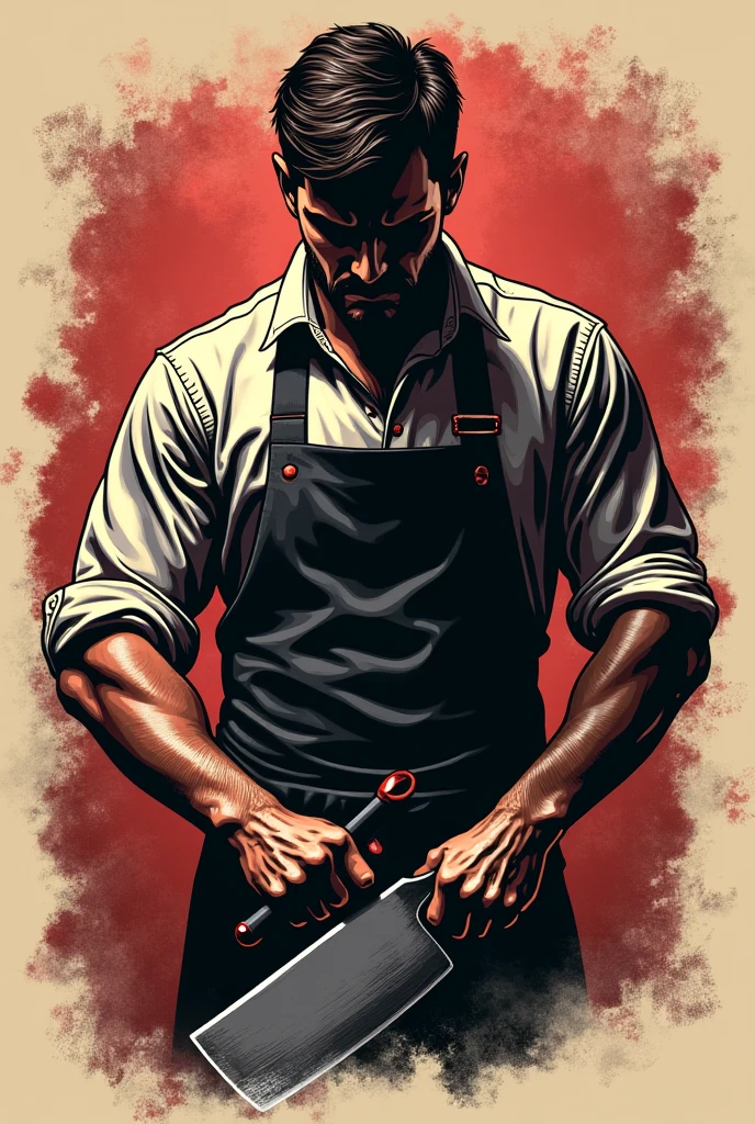 realistic detailed butcher, 1 male, detailed facial features, realistic skin texture, detailed clothing, apron, holding meat cleaver, meat hanging in the background, blood stains, dimly lit environment, dramatic lighting, gritty, dark, cinematic, muted colors, moody atmosphere