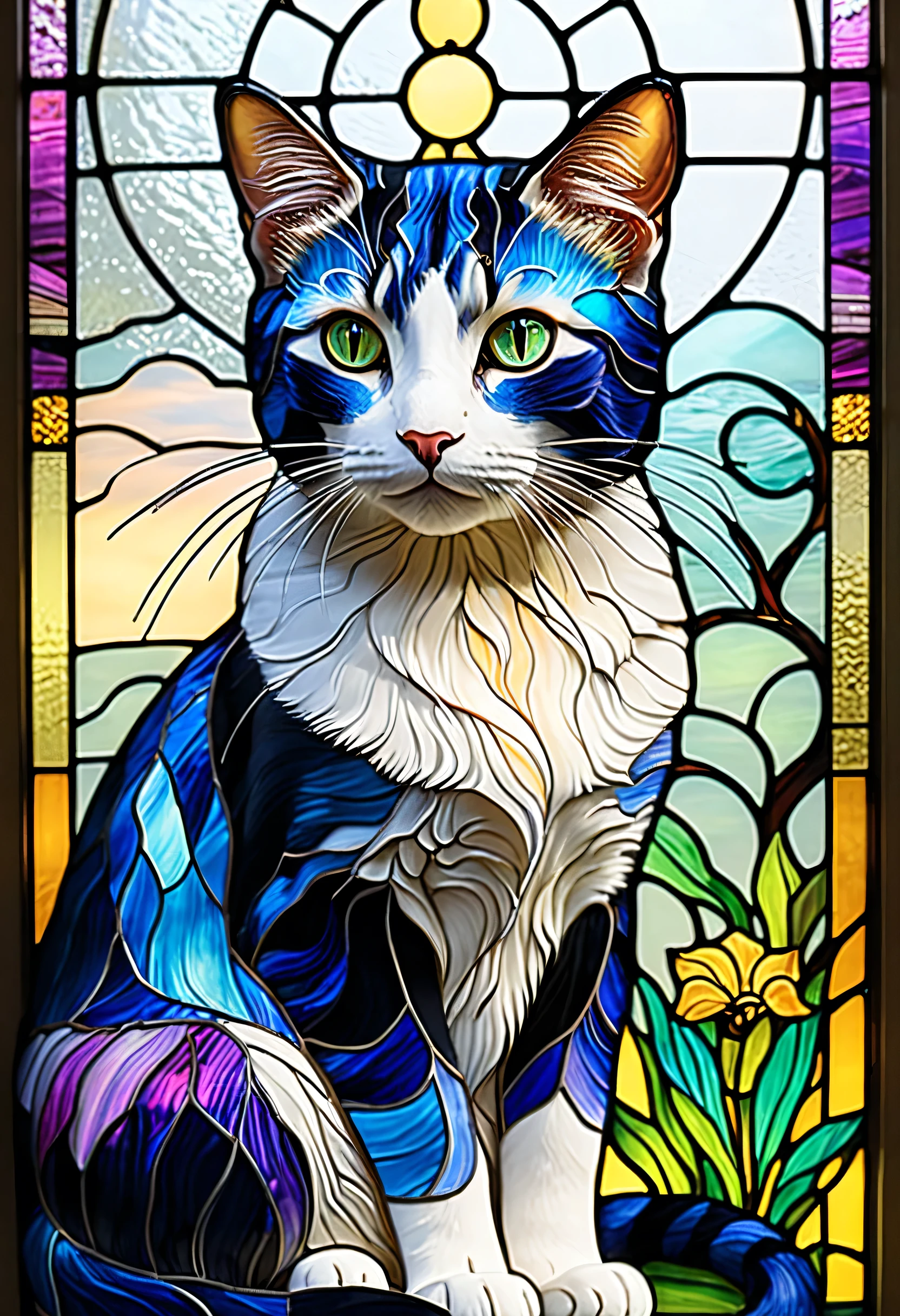 Colourful cat close-up、Stained Glassアート、Stained Glassスタイル、sparkling stained glass background、Cat-themed 、colorful stained glass、gothic stained glass style、backlit stained glass、complex stained glass、Stained Glass、Stained Glass、psychedelic cat、Inspired by Louis Comfort Tiffany、Stained Glass!,Art Nouveau aesthetics