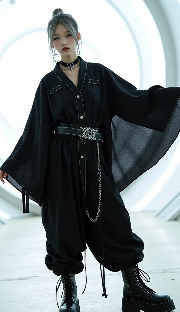 <lora:JediOutfit:1> JediOutfit, robe, belt, boots,, absurdres, ultra detailed, masterpiece, best quality, aesthetic, detailed,, solo, smug smile, 1girl, purple eyes, red-framed eyewear, (black hair, red colored tips:1.2), red streaked hair, very long hair, side ponytail, tied hair, medium breasts,