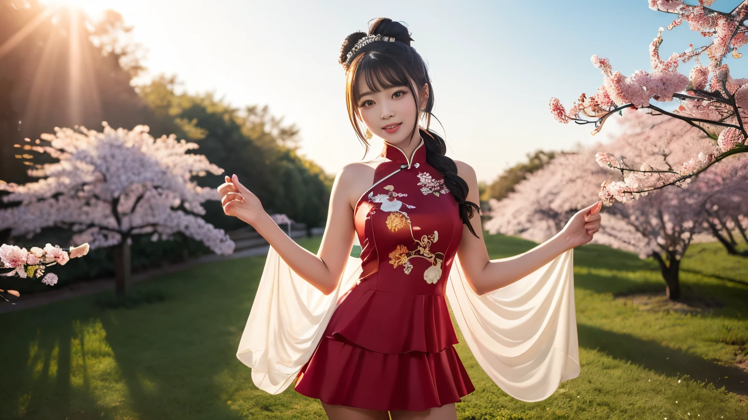 full body, Chinese palace, 1, lily, twintails, brunette hair, with bangs, Chinese micro dress, flower, 12 year old female model, princess, smile, ultra huge cleavage: 1.3
