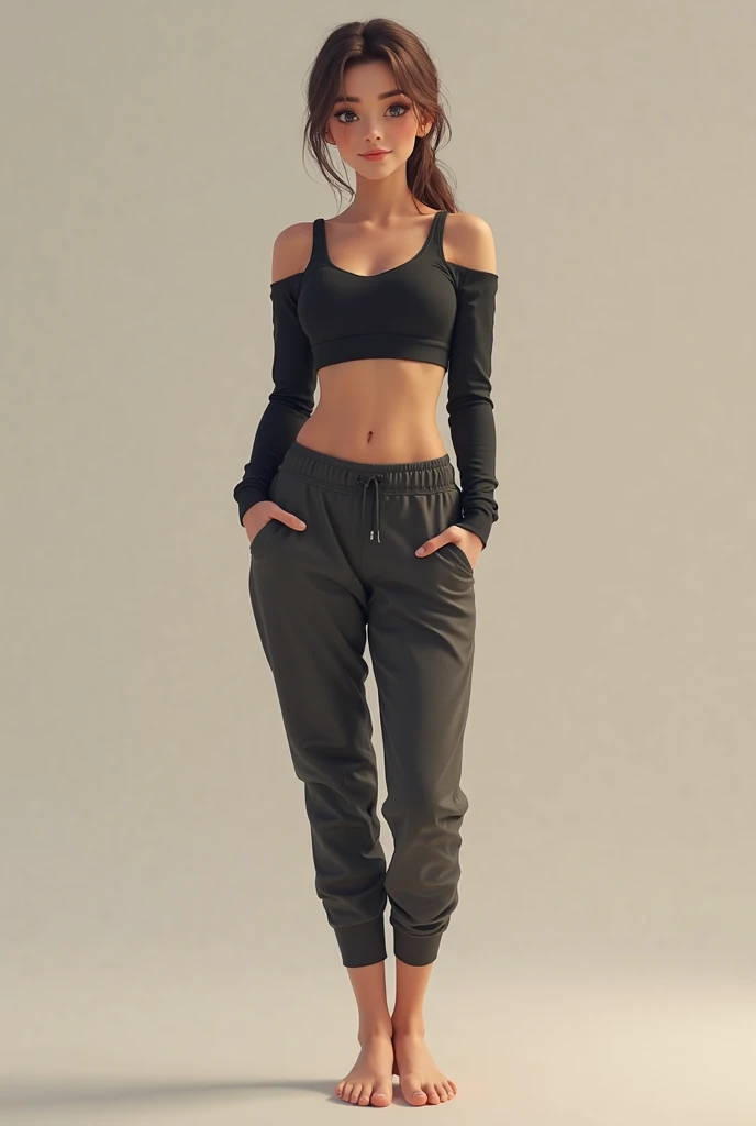 There's a woman standing in a room with a cell phone, Imagen de cuerpo entero, Croptop y pantalones cortos, foto del atuendo, Llevar crop top y minifalda, Vista frontal de cuerpo completo, cuerpo completo falda corta, Foto de medio cuerpo, Recorte de medio cuerpo, usar pantalones cortos de mezclilla, 23 years, muslos expuestos!!!, "A soft light falls on the girl", "cinema lighting" , "film lighting", Detalles intrincados y completos renderizados con el poder de unreal engine 5 y octane render 4k