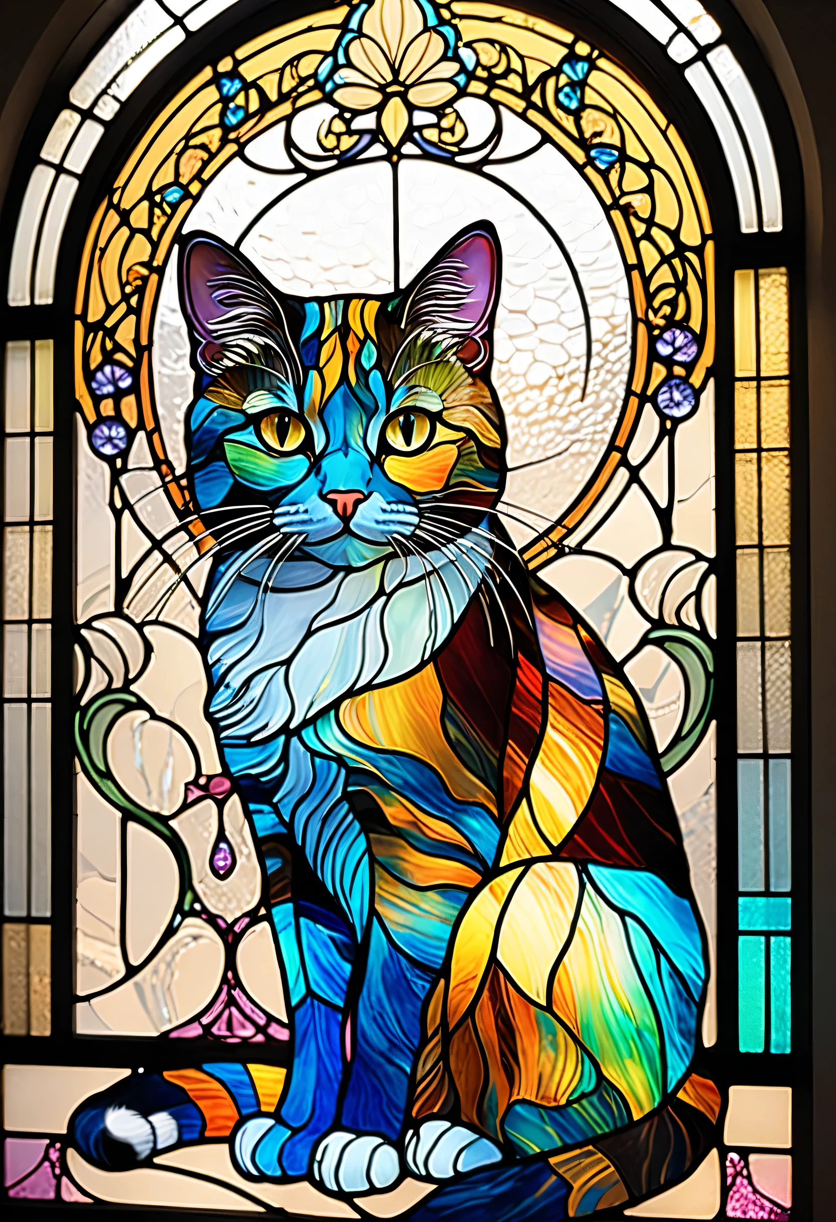 Colourful cat close-up、Stained Glassアート、Stained Glassスタイル、sparkling stained glass background、Cat-themed 、colorful stained glass、gothic stained glass style、backlit stained glass、complex stained glass、Stained Glass、Stained Glass、psychedelic cat、Inspired by Louis Comfort Tiffany、Stained Glass!,Art Nouveau aesthetics