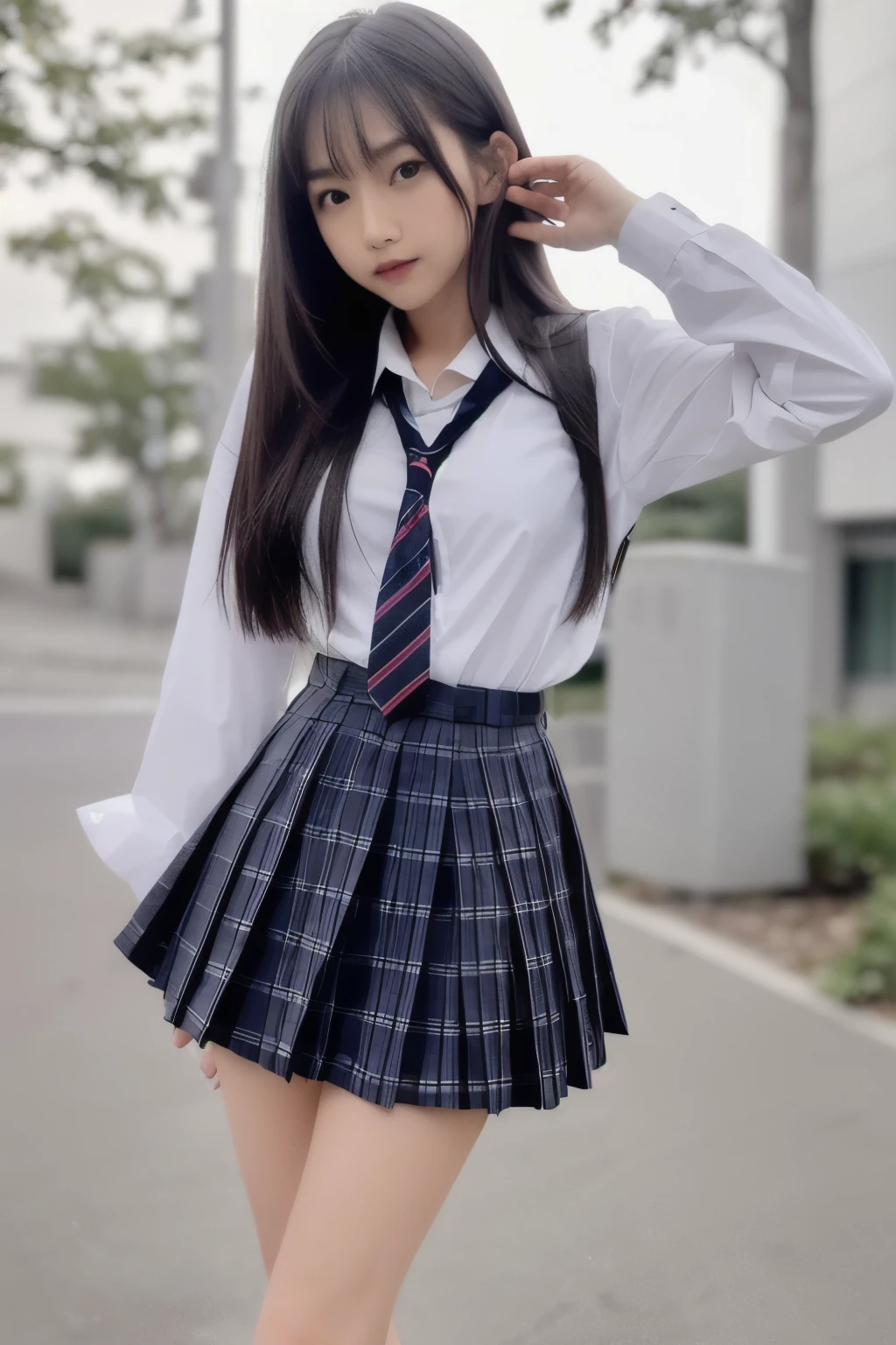 (1 Korean star with royal sister style), ((Best quality, 8K, 巨作: 1.3)), focal point: 1.2, Perfect body proportions: 1.4, (Make a smile),  （Ray traching）,Watery eyes, Highly Detailed Face and Skin Textur, Fine eyes, Double eyelids, Whitens the skin, (Black long straight: 1.3), (face round: 1.5), (JK school uniform: 1.4), (Lace view: 1.6),(Black over-the-knee stockings: 1.4),(JK style:1.4),(Extremely perfect legs)