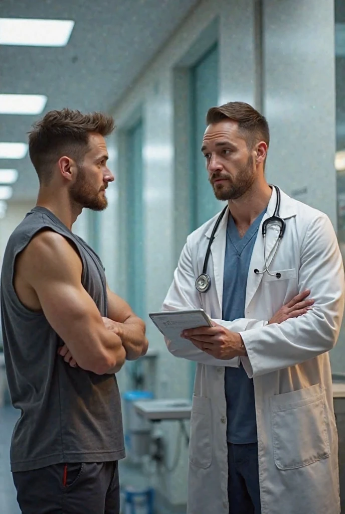 Strong, hairy, bearded mixed race man in navy blue underwear, friendly, taking off his underwear in front of a female doctor.
