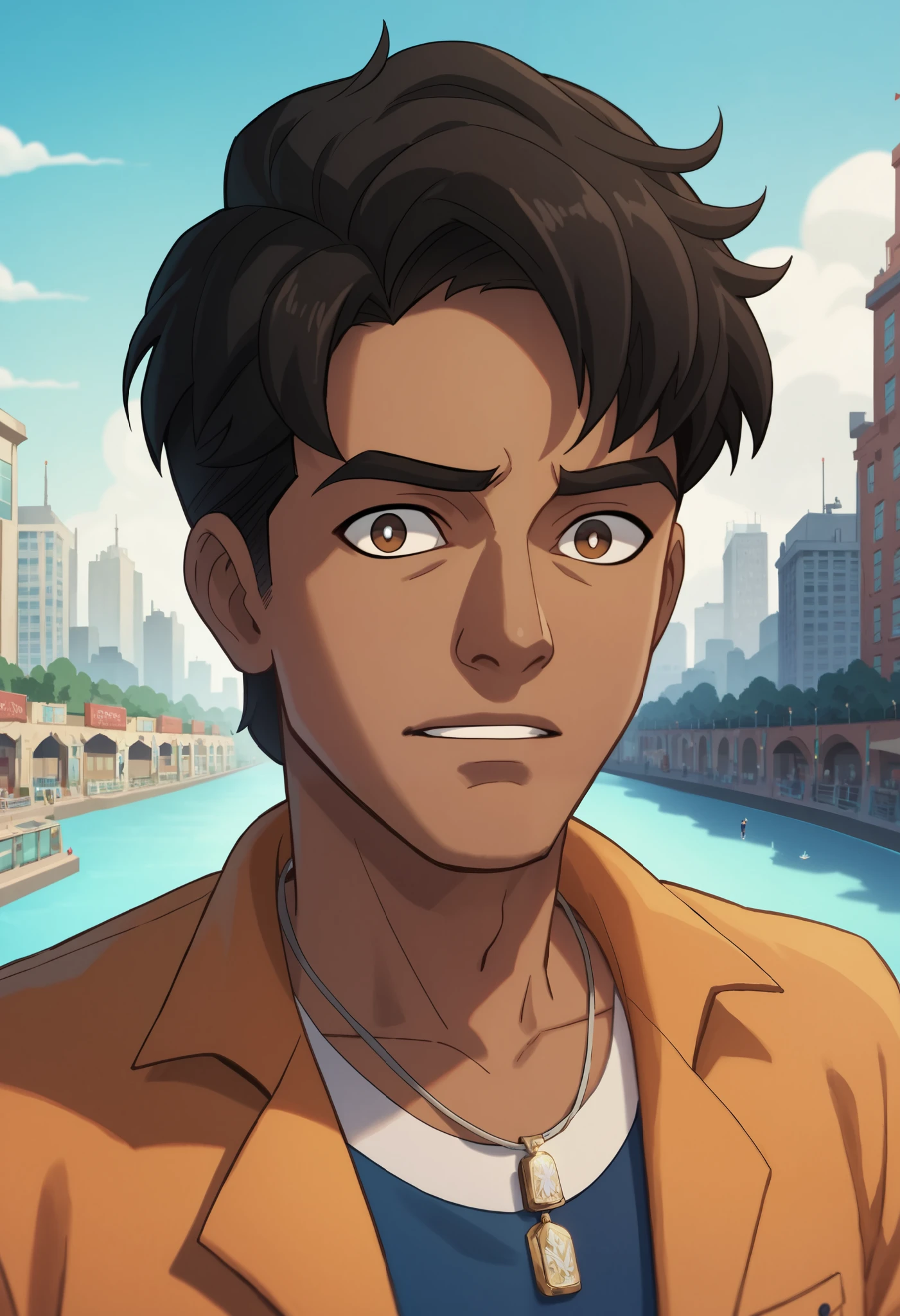 Masterpiece, Best Quality, Ultra-Detailed, anime charcacters: 1man, small, slin, large shoulders, latino, brown skin, black hair, brown pupils, dark blue clothes, amazing quality, best aesthetics, bright pupils,neutral expression, best quality, city bckground