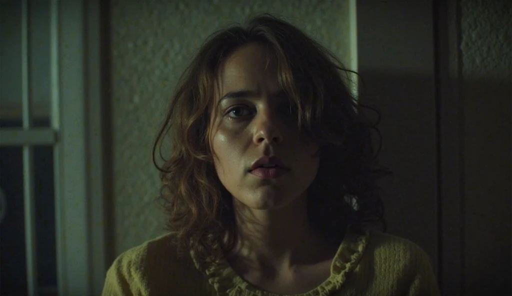 a photo of tatms ,a woman,frontal,in a room,long wavy hair side part,david fincher lighting style, close-up <lora:tatmsF-05:1>