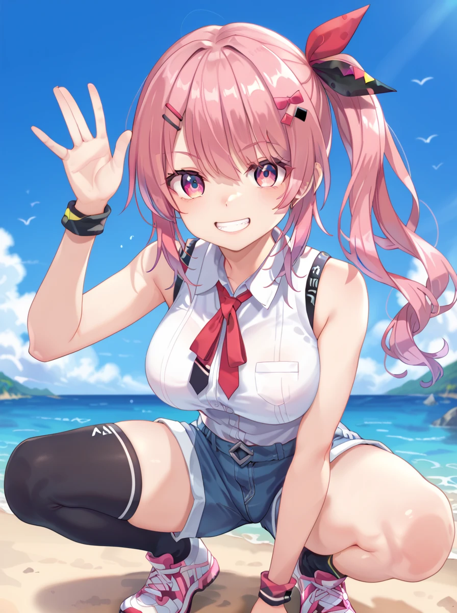 fritia ignis, smile, pointing with the finger, swimsuit, beach background, ahoge, open mouth, red eyes, squat