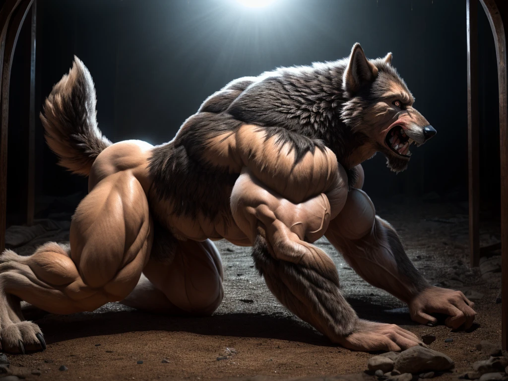 Fluffy brown wolf、Eyes closed、Holding a hose in his mouth、Nose with hose、chained limbetal chains around the limbs、brown boxer shorts、Howling Wolf、Concrete Background、Wide-legged pose、Sharp claws on the toes、Pose with hands raised up、Lying down pose、Hairless head、Very developed butt muscles、Full body wolf fur、Howling pose、Upward facing face、Completely naked、Abnormally large muscles、Fluffy, long body hair、Long brown hair all over the body、Very long and profuse armpit hair、it&#39;s raining