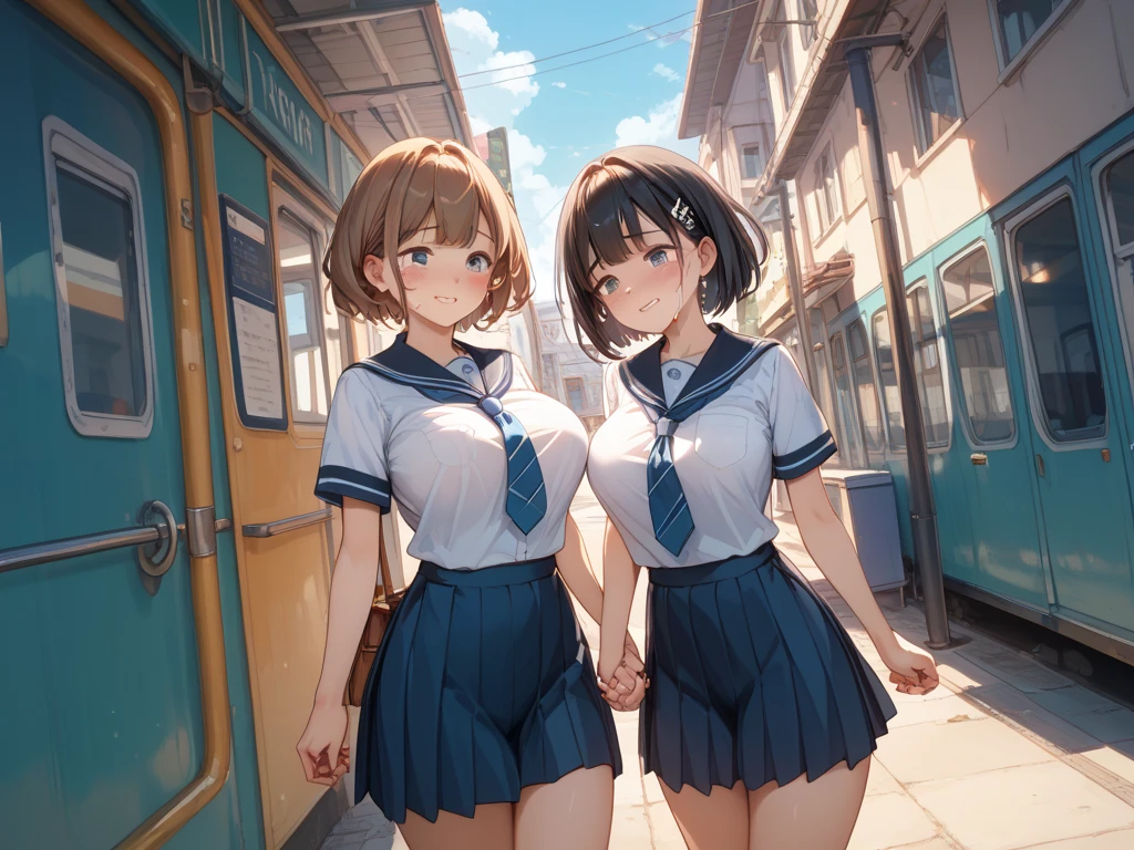 NSFW, masterpiece, (realistic, photo realistic:1.2), ((highest quality), extremely fine and beautiful, beautiful face details, real human skin, realistic, photorealistic, 2girls, smile on face, cow-boy shot, Hair braided. School uniforms, shirt with collar, necktie, huge long breasts, tiny breasts, Naughty thighs, White shirt, Open shirt, White underwear, fingering, female masturbation, (wind, wind lift., Skirt lifted by the wind, Skirt rolled up by the wind, Skirt flutters:1.5), (Fully exposed panties:1.5), (white ribbed panties:1.5)