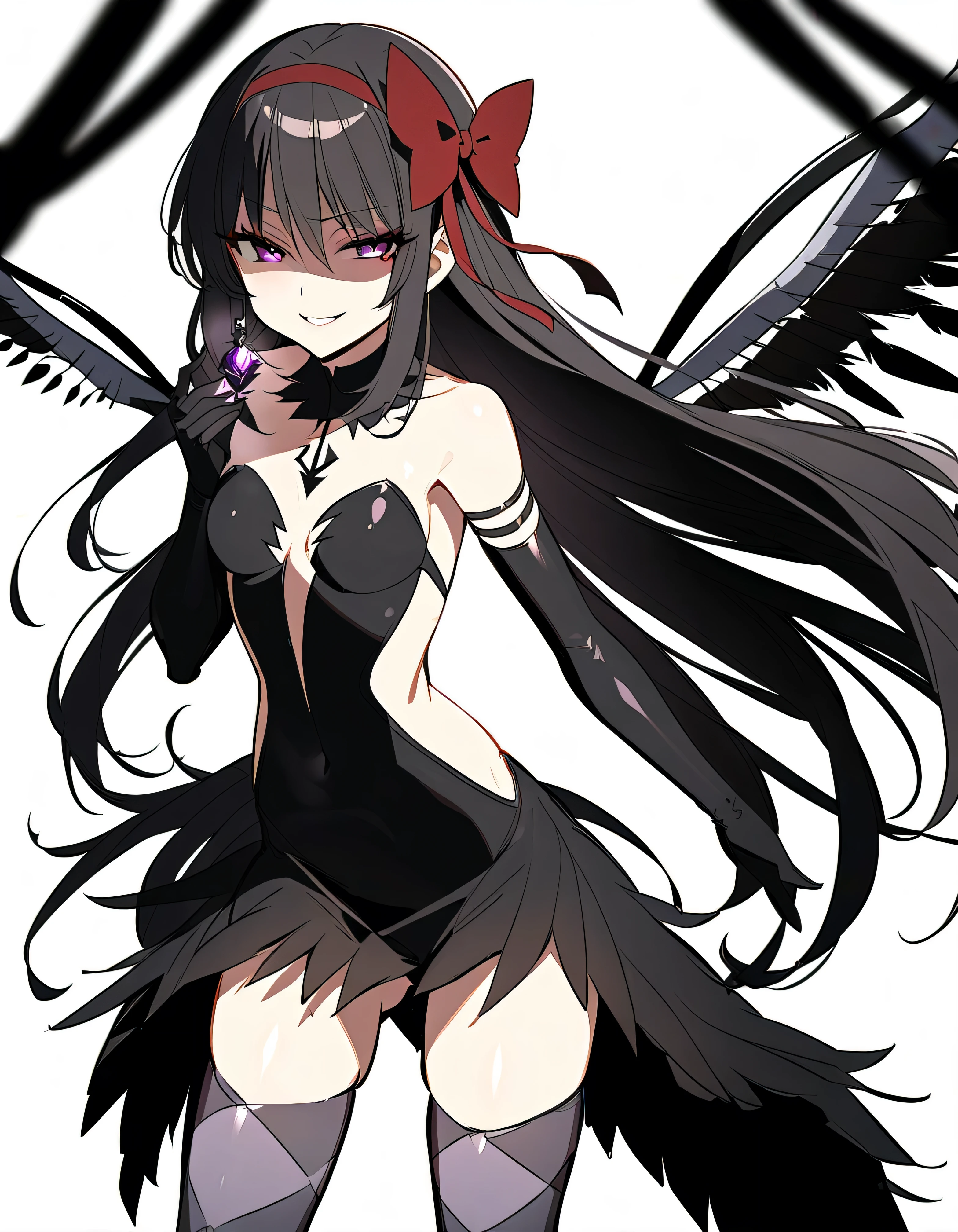 1girl, akuma homura, solo, long hair, wings, gloves, elbow gloves, black hair, smile, purple eyes, thighhighs, black gloves, argyle legwear, argyle, bare shoulders, looking at viewer, dress, soul gem, hair bow, bow, choker, feathered wings, white background, zettai ryouiki, simple background, black wings, masterpiece, best quality, late, evil smile,shaded face(eyes in shadow),shiny latex