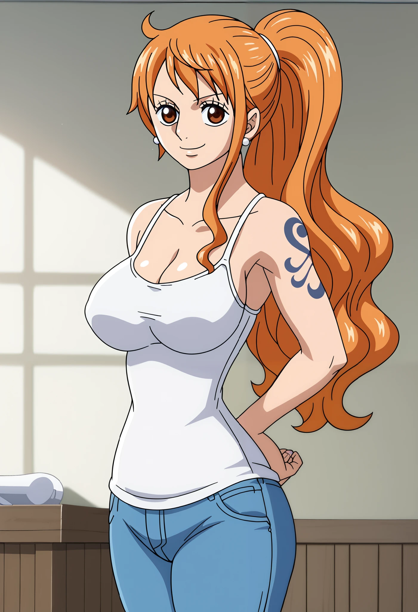 score_9_up, best quality, cowboy shot, anime_source, anime style, (SOLO:1.7), 1girl, Nami, orange hair, (white comesole:1.4), morning, (ponytail:1.7),  (serious smile:1.3), (curvy body:0.7),), (slightly looking at the viewer:1.2) (Medium breasts:1.5), jeans, (tiny biceps:1.2), looking forward, (slightly from right:0.6), (stretching1.5), (stretching:1.6), (springy breasts:1.6), (cheering:1.4)