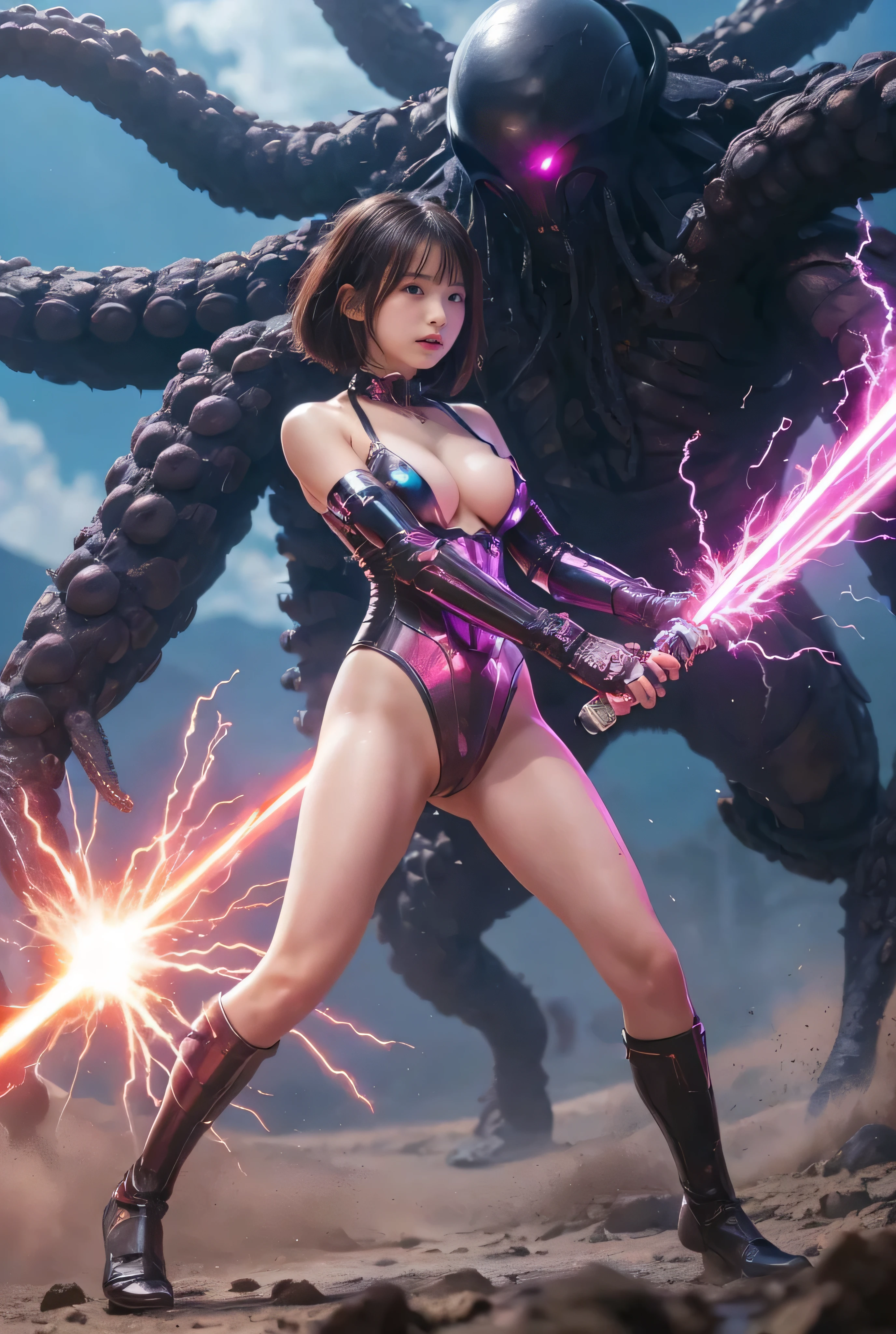 a very beautiful japanese girl, very cute high school girl assassin, detailed photo of innocent 17-years-old virgin,((midnight, bedroom of the lord's manor)), ((full body, purple bikini armor, standing)), ((she has a long sword, she subjugated spider's tentacles:1.2)), (blush, smile of the heart, grin from ear to ear, open mouth wide:1.3), (a fighting stance:1.2), (attacked by many thick spider's tentacles, breasts spill out of bikini armor:1.3),(perfect body, supermodel, sweat flies from her body, body soaked in sweat:1.1), firm and elastic skin, lively faces, glowing lips, watery eyes, cute double eyelids and black eyes, cleavage, attractive thighs, glossy straight medium black hair, asymmetrical bangs, hair flutters, dark fantasy,(exquisite masterpiece), photo-realistic, cinematic lighting, 32K, backlight, (bright light:1.2), (Improvement of quality:1.4), (Highest quality realistic textured skin:1.4),ultra detailed eyes, ultra detailed face, ultra detailed hand,(Enhances the beauty of skin texture:1.3)