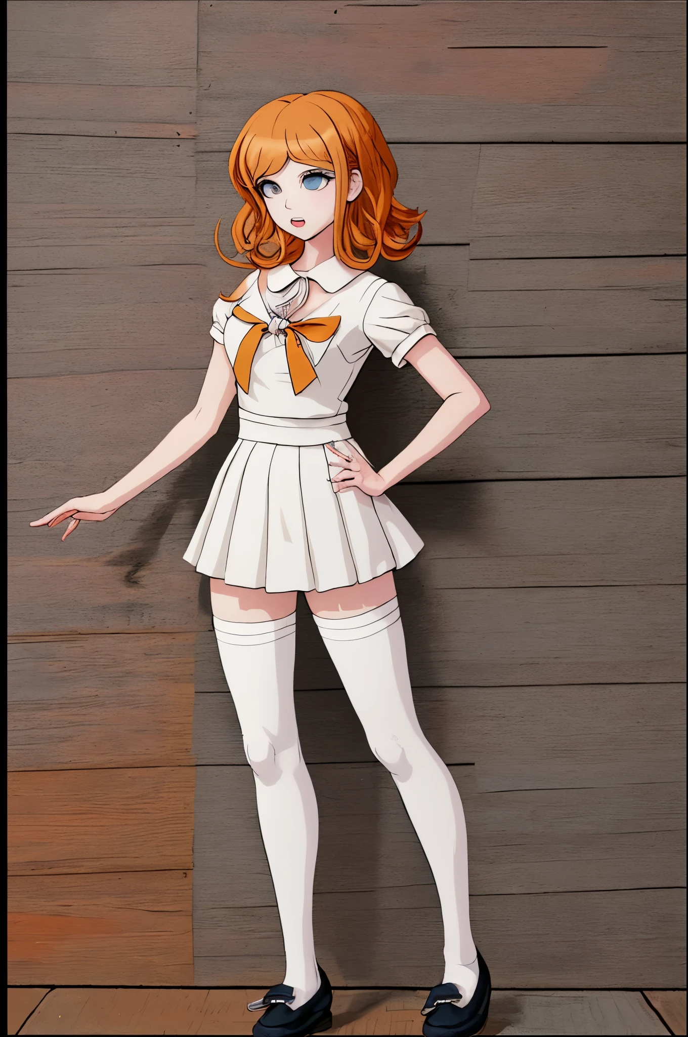 (Masterpiece),(High quality),(Danganronpa style),(One girl),(ager),(Short orange wavy hair), (Bottleneck bang), (Wide sky blue eyes), (white, yellow and blue fluffy short baby doll dress), (White leggings) (White warmers), (Brown cute Loafer shoes), (Slim body),(White background),(Danganronpa (Style)) (Danganronpa Game 2)