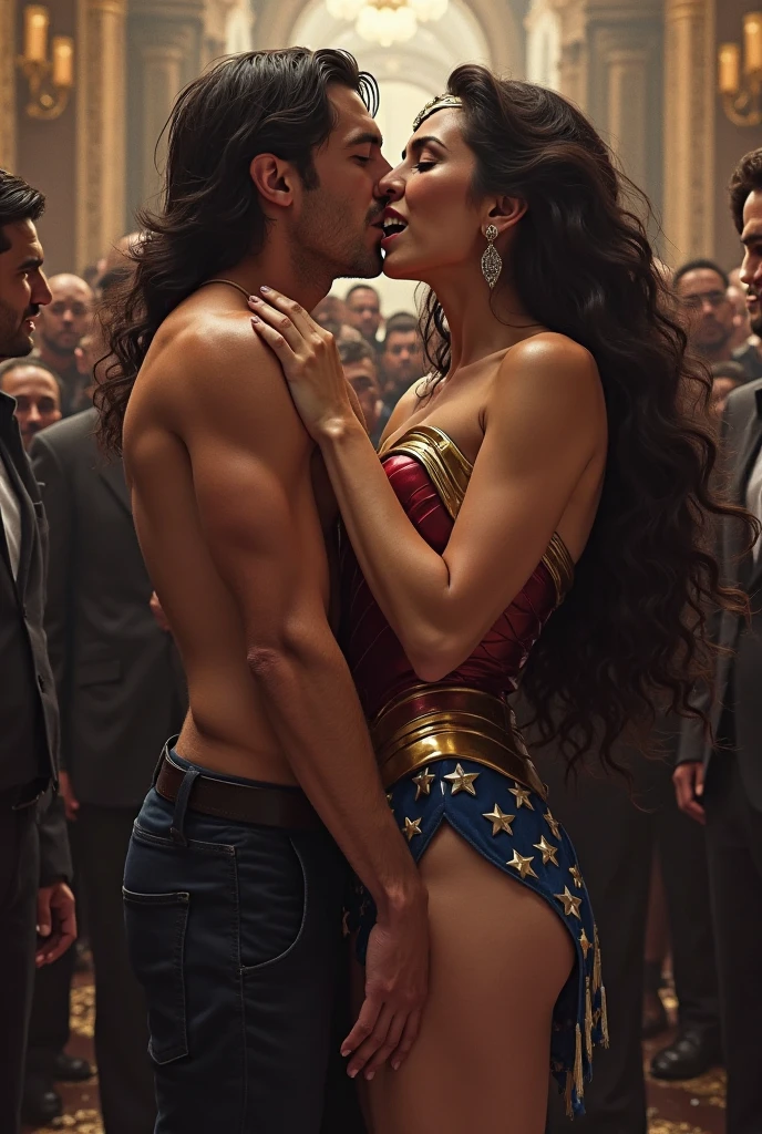 Male and female couples、((20 year old beautiful woman wearing Wonder Woman costume、kawaii))、((professional wrestling、audience))、((Professional wrestler and muscular man))、The weight of a professional wrestler male is 120 kg、A man from a professional wrestler is attacking a woman、((Insults))、woman with long hair hairstyle、(NSFW:1.5)、Beautiful busty woman、Woman with dark hair、Woman standing、Woman with rope、A man is grabbing a woman's waist、A man's crotch sticks to a woman's ass、Man and woman standing and doing sexual things、ssex、lascivious、sexual act、((Male inserted inside female ))、((Women get scared))、Women suffer、(Woman is crying:1.2)、Woman is blushing、Panting Woman、Because women feel good、The man has a serious face