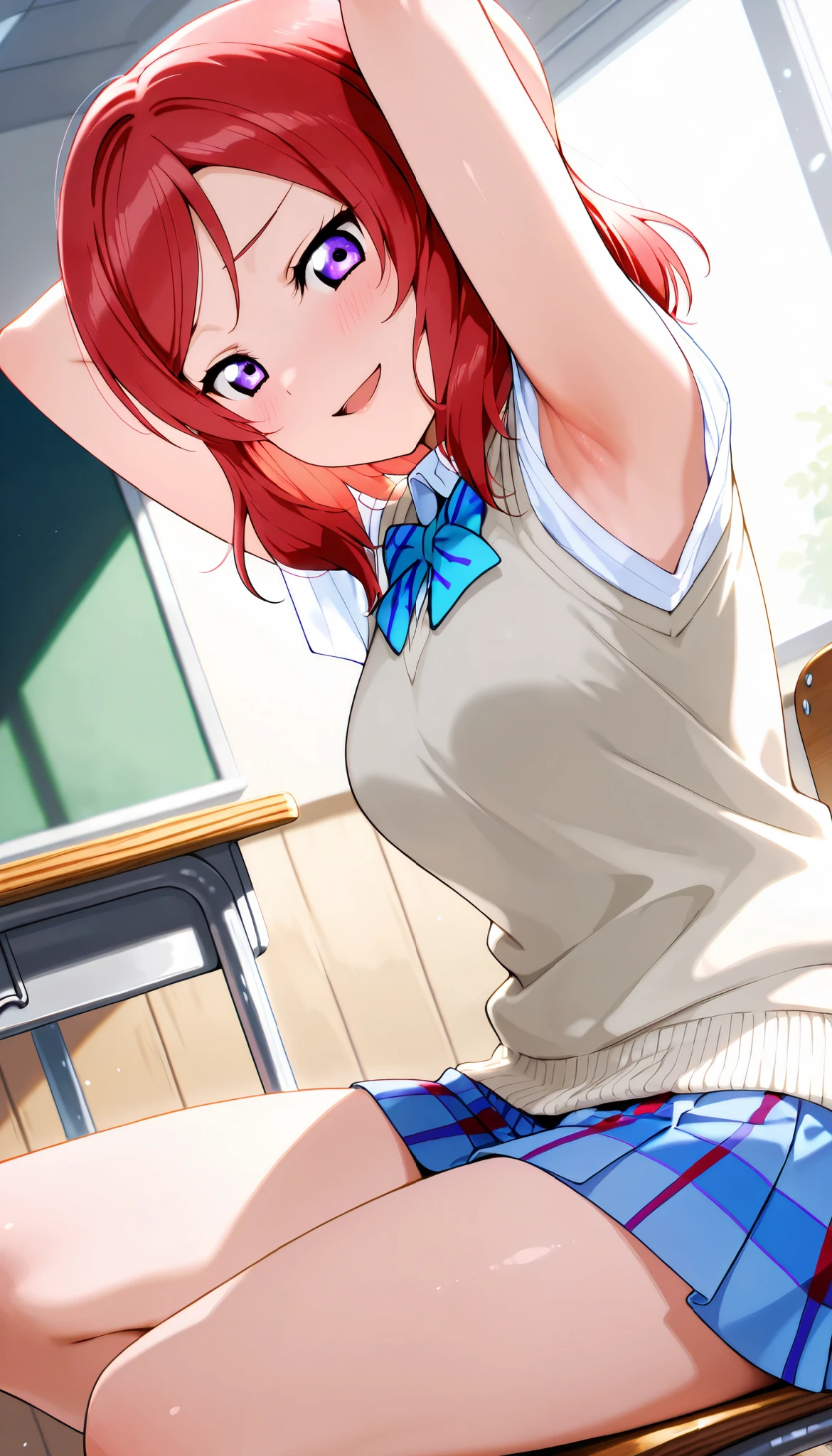 lovelive_maki,
sweater vest, short sleeves, blue plaid skirt, blue stripe bowtie, breasts, red hair, medium hair, purple eyes
,BREAK, armpit, arms over head, focus on armpit,
smile, ,scorn,open mouth, (cheerful),looking down at viewer,\(red blush\), embarrassed,
BREAK,
,sitting,looking down at viewer,Squatting,
from side,show armpit from short sleeves,
((masutepiece,hight resolution)), masutepiece, Best Quality, , absurderes, Perfect Skin, Detailed skin texture, ultra-detailliert, 8K, Intricate details, beautifull detailed face,hight resolution, 1girl ,from front,
indoors,class room