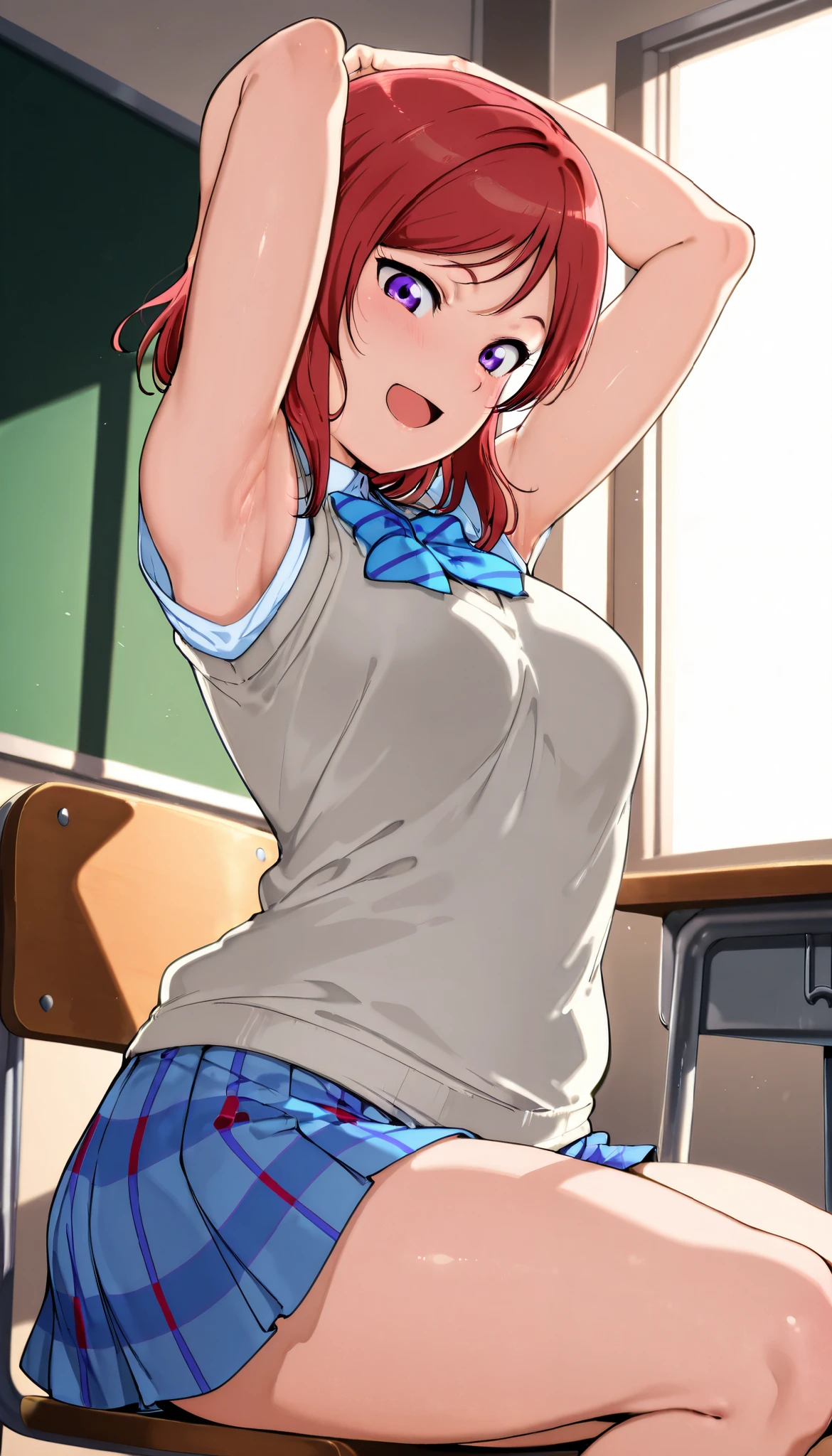 lovelive_maki,
sweater vest, short sleeves, blue plaid skirt, blue stripe bowtie, breasts, red hair, medium hair, purple eyes

,BREAK, armpit, arms over head, focus on armpit,
smile, ,scorn,open mouth, (cheerful),looking down at viewer,\(red blush\), embarrassed, 

BREAK,Alp,

,sitting,looking down at viewer,Squatting, 
from side,show armpit from short sleeves,

((masutepiece,hight resolution)), masutepiece, Best Quality, , absurderes, Perfect Skin, Detailed skin texture, ultra-detailliert, 8K, Intricate details, beautifull detailed face,hight resolution, 1girl ,from front,

indoors,class room