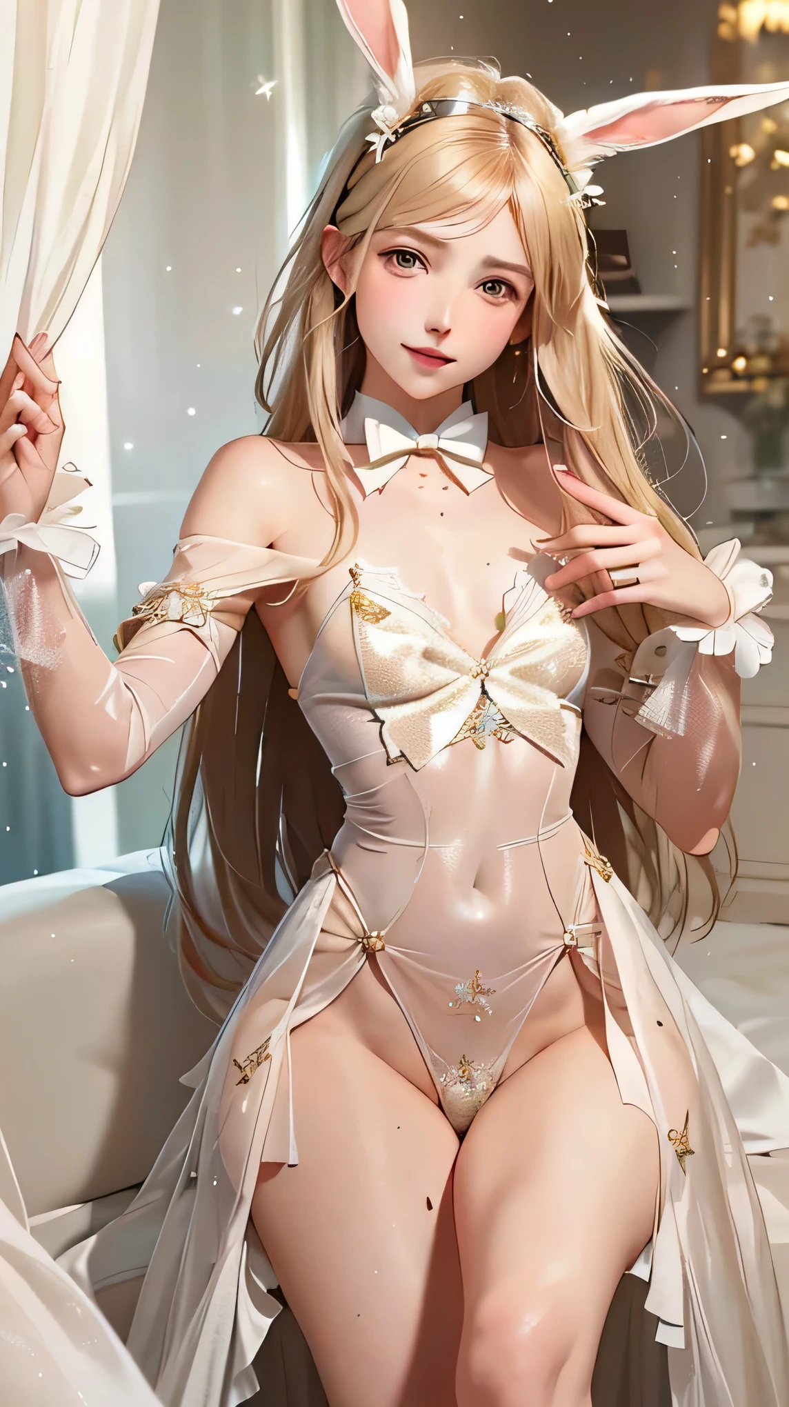 masterpiece, best quality, extremely detailed CG unity 8k wallpaper, (Upper Body head close-up shot of a beautiful  girl), , Elegant Long straight  hair, (Mckenna Grace), (flat chest,thighs,Plump),  (Glittering babydoong Bunny Ear Headgear, , Bow-tie, No panties, genitals visible), (spread legs), (Blush), oil skin, (seductive smile), (Wonderland), pretty face, key art, award winning, intricate detail realism hdr, by (ruan jia and artgerm and range murata), Photorealism, Hyperrealism, ultra realistic, dramatic light, intense shadows, gorgeous view, depth of field
 
