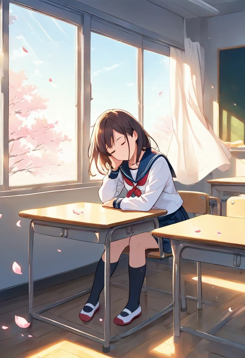 1 Girl,Window scenery,sleep,table,breeze,petal,chin,classroom,sitting on chair, serafuku, uwabaki,cinematic angle ,sunlight,masterpiece,god rays,, comic dialogue