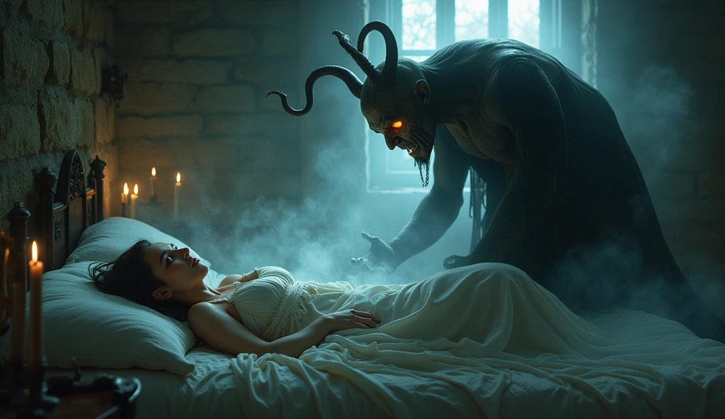 3d render, (masterpiece:1. 3), (8k, photorealistic, RAW photo, best quality: 1. 4), Closeup of a giant huge oversized scary angry Medusa terminate, a girl sleeping in a bed in a bedroom, rococo style, candlelight