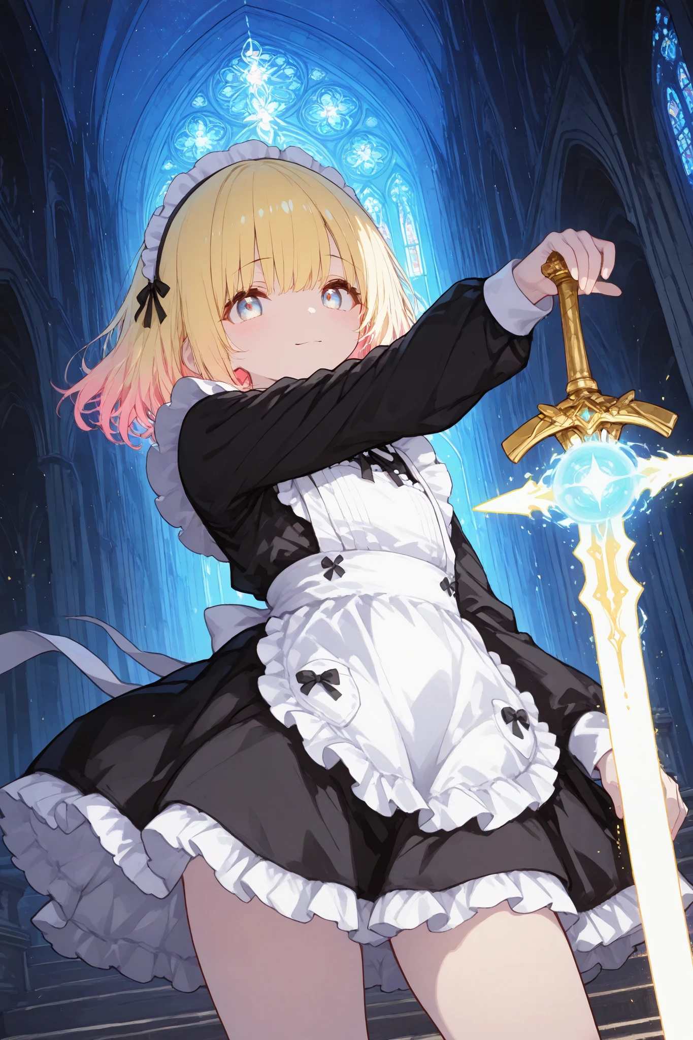 trk,masterpiece, best quality, anime-style illustration featuring a young woman with long, flowing blonde hair standing confidently in front of a towering cathedral. Her hair is depicted with exaggerated movement, flowing dramatically behind her as the wind carries it. Her eyes are large and expressive, filled with determination and mystery, reflecting the swirling light in the sky above. She wears a classic maid outfit, with crisp, clean lines outlining the folds of her black and white dress, and a small apron tied around her waist. The outfit is detailed yet stylized, with the typical bold shading and vibrant colors of anime. Behind her, the cathedral rises with towering spires, drawn with sharp, angular lines that give it a majestic and imposing presence. The sky above is filled with a swirling vortex of light, drawn in bright, vivid colors—yellows, pinks, and oranges—creating a magical, otherworldly atmosphere. The central glowing orb in the sky is surrounded by stylized clouds, their edges sharp and dynamic, as if the sky itself is alive with energy. The woman’s pose is strong and determined, her hand gripping the hilt of a sword that glows faintly with magical energy. The overall scene is filled with vibrant colors, dramatic lighting, and dynamic movement, capturing the intensity and magic of the moment. The bold contrasts between the glowing sky and the dark, gothic cathedral behind her create a striking visual effect, typical of anime’s ability to blend fantasy and action into a cohesive, energetic scene.