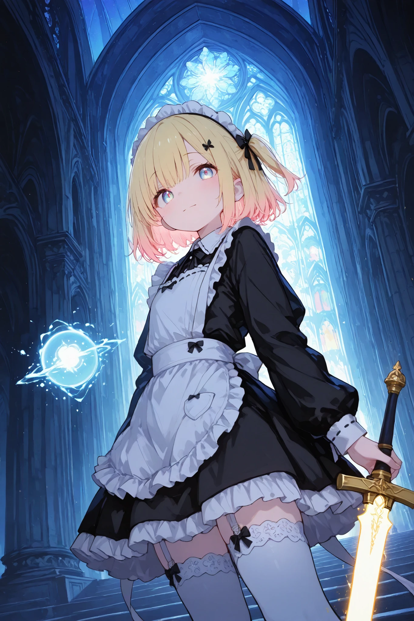 trk,masterpiece, best quality, anime-style illustration featuring a young woman with long, flowing blonde hair standing confidently in front of a towering cathedral. Her hair is depicted with exaggerated movement, flowing dramatically behind her as the wind carries it. Her eyes are large and expressive, filled with determination and mystery, reflecting the swirling light in the sky above. She wears a classic maid outfit, with crisp, clean lines outlining the folds of her black and white dress, and a small apron tied around her waist. The outfit is detailed yet stylized, with the typical bold shading and vibrant colors of anime. Behind her, the cathedral rises with towering spires, drawn with sharp, angular lines that give it a majestic and imposing presence. The sky above is filled with a swirling vortex of light, drawn in bright, vivid colors—yellows, pinks, and oranges—creating a magical, otherworldly atmosphere. The central glowing orb in the sky is surrounded by stylized clouds, their edges sharp and dynamic, as if the sky itself is alive with energy. The woman’s pose is strong and determined, her hand gripping the hilt of a sword that glows faintly with magical energy. The overall scene is filled with vibrant colors, dramatic lighting, and dynamic movement, capturing the intensity and magic of the moment. The bold contrasts between the glowing sky and the dark, gothic cathedral behind her create a striking visual effect, typical of anime’s ability to blend fantasy and action into a cohesive, energetic scene.