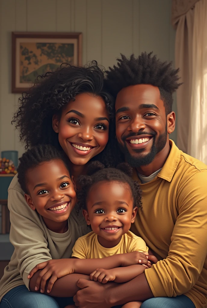 Retrato realismo de uma familia afrodescendente pobre feliz e sorrindo. com pai,homem de 30 anos  mae mulher de de 28 anos de idade com 30 anos, filho e filha pequenos de 5 e 7 anos na sala de um apartamento