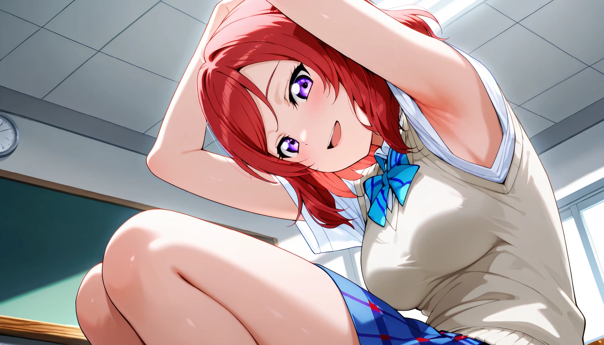 lovelive_maki,
sweater vest, short sleeves, blue plaid skirt, blue stripe bowtie, breasts, red hair, medium hair, purple eyes
,BREAK, armpit, arms over head, focus on armpit,
smile, ,scorn,open mouth, (cheerful),looking down at viewer,\(red blush\), embarrassed,
BREAK,
,sitting,looking down at viewer,Squatting,
from side,show armpit from short sleeves,
((masutepiece,hight resolution)), masutepiece, Best Quality, , absurderes, Perfect Skin, Detailed skin texture, ultra-detailliert, 8K, Intricate details, beautifull detailed face,hight resolution, 1girl ,from front,
indoors,class room