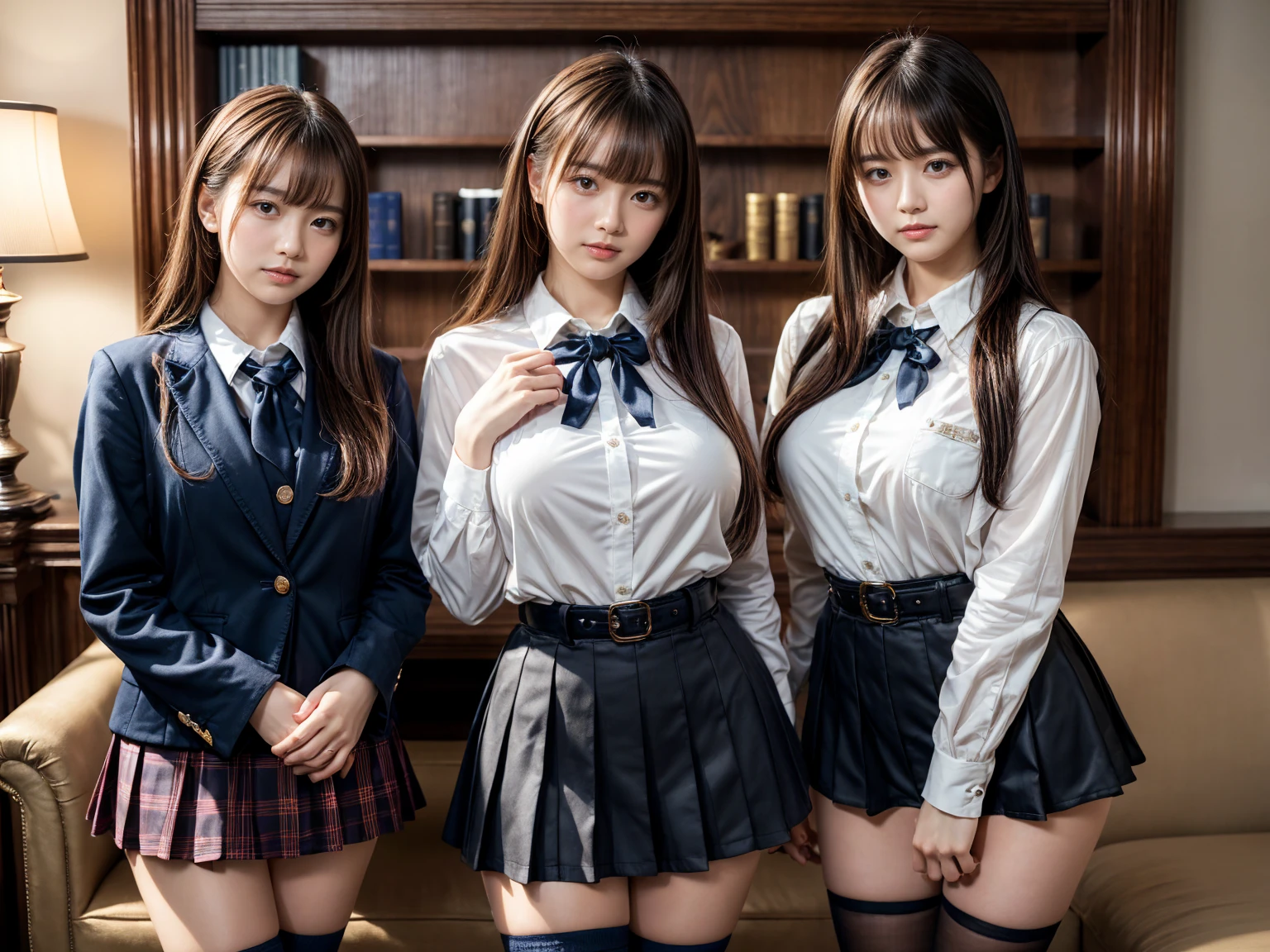 (8K, Raw photography, top-quality, ​masterpiece:1.2), master piece, best quality, illustration, Super detailed, fine details, High resolution, 8K,wall paper, perfect dynamic composition,(Details High quality, realistic depiction of eyes:1.3), ((2 girls, 2 schoolgirls)), The background is a luxury hotel room、High school girl uniform、blazer 、Super Short Check Uniform Skirt、Navy blue high socks、garterbelts、Colossal tits、Disturbed uniform, Play with each other,Touching each other's bodies,Touching the body of the girl next door, short bob hair, black hair color, huge breasts, Big Natural Color Lip, bold sexy pose, (perfect body shape), crying a little、cold gaze,  Beautiful makeup,glitter makeup,Cutest 18 years old, beautiful legs, hposing Gravure Idol, Voluptuous thighs