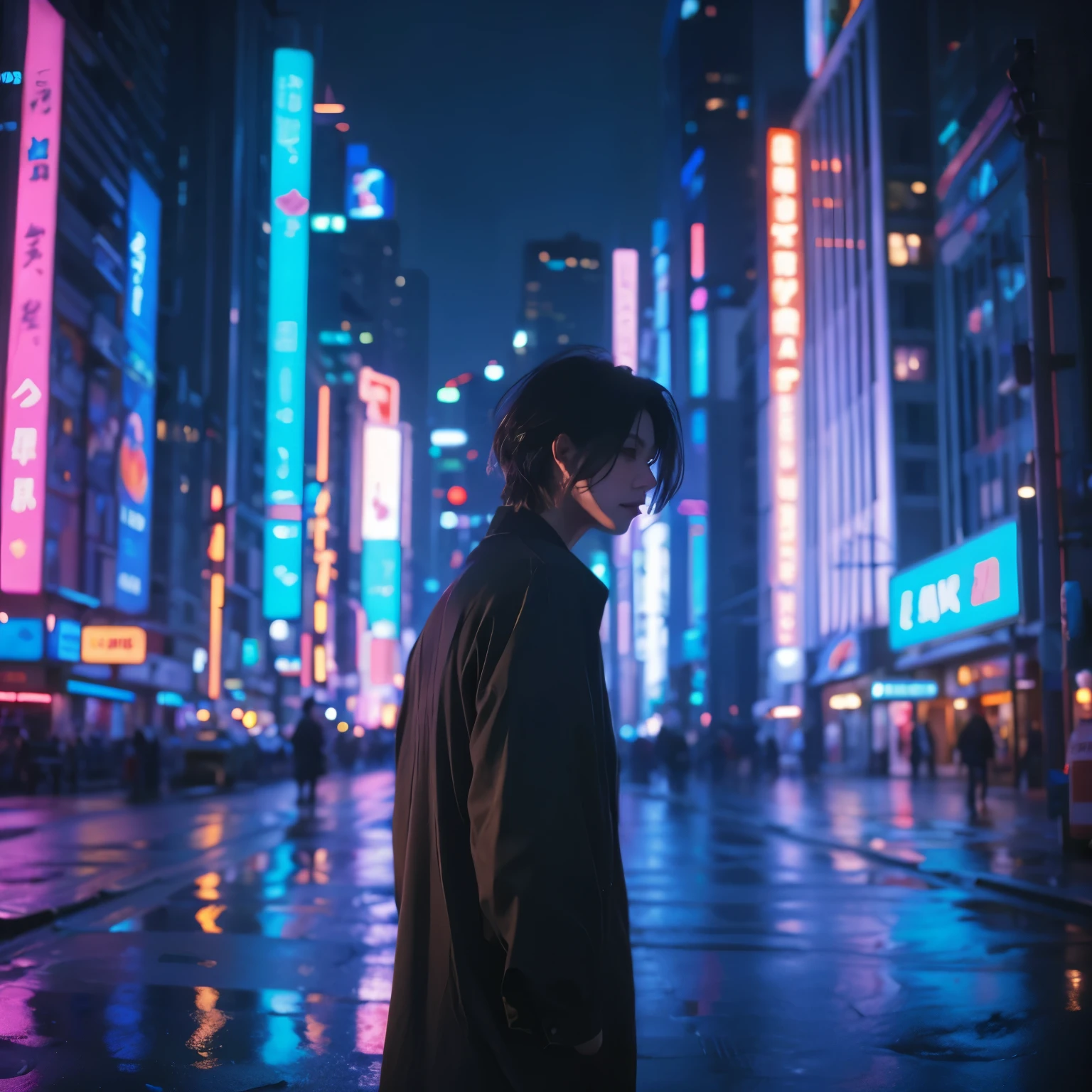 A vibrant cityscape at night, with neon lights reflecting off the wet pavement, capturing the essence of a mid-tempo pop song by Yasou Ressha, a male artist known for his emotive melodies. In the forefront, a lone figure walks away from the viewer, leaving an empty space beside them, as if someone has just departed. The wind whispers through their hair, gently caressing their cheek, echoing the rhythm of their footsteps. The city's skyscrapers rise into the night sky, a kaleidoscope of colors and lights, while the streets remain dimly lit, with only a few pedestrians scattered about, lost in their own thoughts. The atmosphere is melancholic, yet uplifting, evoking a sense of longing and freedom.