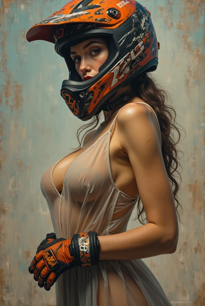 full body shot, wharf scene, beautiful female cyborg woman riding a KTM 450 motocross motorcycle, glamorous shape, shoulder-length, beautiful shiny smooth, high quality, best quality, absurdres, masterpiece, beautiful, intricate details, 1/2 body crop, slim body, beautiful figure, magnificent ???????, (intricate details:1.12), HDR, (intricate details, hyper-detailing:1.15), (natural skin textures, hyper realisitc, soft light, Sharp:1.2)