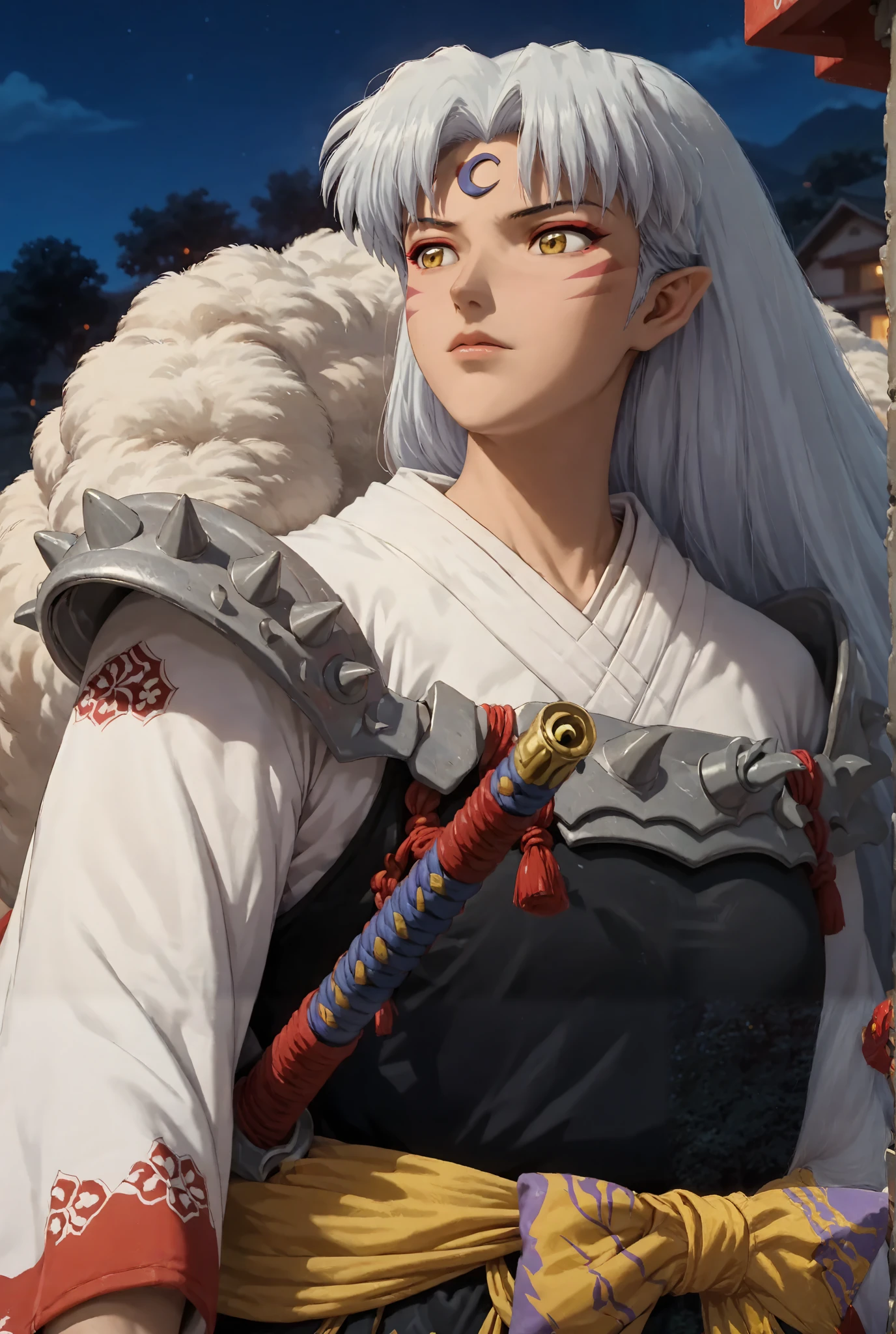 score _9, score _8_arriba, score _7_arriba, source _ animated,
Sesshomaru, Sesshomaru, long hair, yellow-eyed, White hair, male focus pointy ears, facial brand , creciente, forehead mark ,
Japanese clothing, armor, by,
exterior, landscape,
looking at the spectator , angle Dutch, cowboy shot , at night, crescent moon, katana