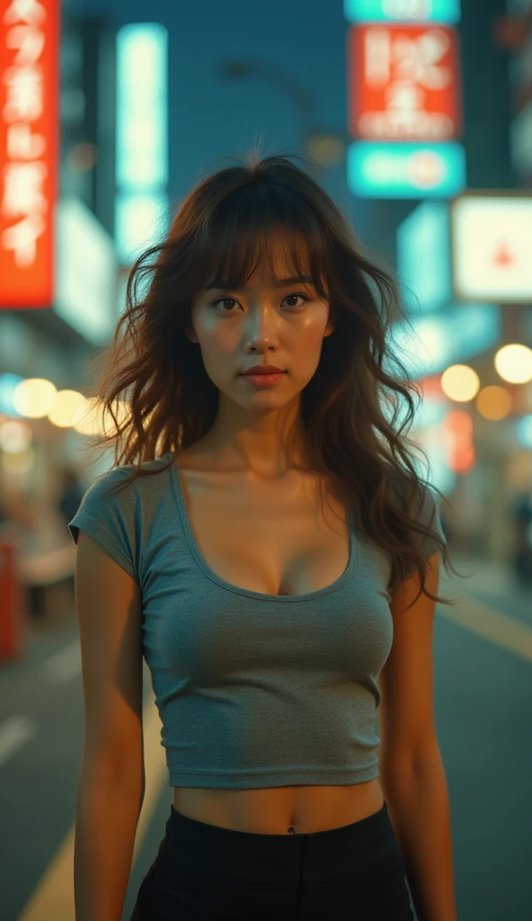 1 Korean woman aged 10 years, her skin is very white and clean, wearing a yellow crop top, biting her lip seductively, big breasts, and is in the year 2330 in a cyberpunk setting with glowing neon lights. The lens used is 35mm f/2.8.