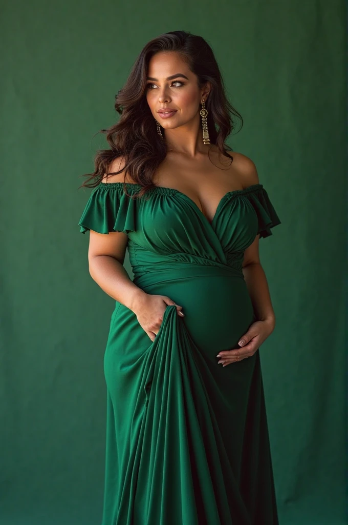 (masterpiece, Best quality, A high resolution, ultra detailed),(beautiful and aesthetically pleasing:1.2), (1 woman), adult, perfect body, wavy black hair, ((green eyes)), detailed eyes and face, (full body), Elegant Afternoon Tea Attire: Midi dress, Kitten heels, Pearl necklace, Structured handbag, Wide-brim hat, Soft curls hairstyle, big pregnant belly, pregnant 40 weeks.