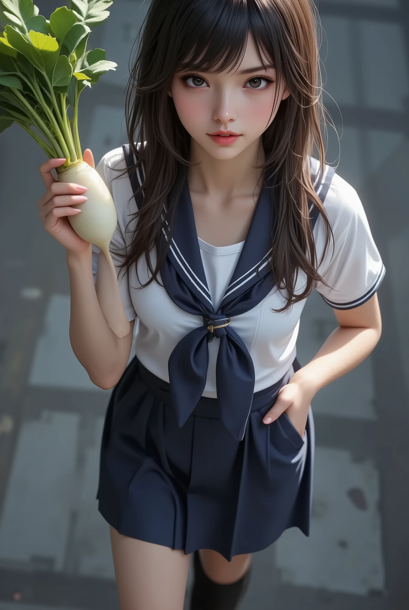 The mysterious transfer student, (Full body composition, from above), Mature female body, Alone, (She is wearing a school boy uniform:1.6, Boys' school uniform:1.2, School uniform:1.3), (I have a realistic daikon in my hand:1.5)