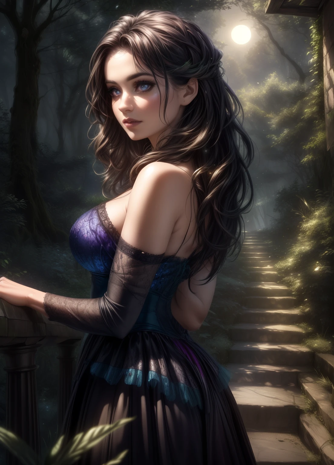 a magical enchanted forest, full moon rising from behind the hills, people wandering through the lush greenery, beautiful detailed eyes,beautiful detailed lips,extremely detailed eyes and face,longeyelashes, fantasy landscape, moody lighting, dramatic shadows, vibrant colors, intricate details, (best quality,4k,8k,highres,masterpiece:1.2),ultra-detailed,(realistic,photorealistic,photo-realistic:1.37),cinematic lighting,dramatic atmosphere,mystical,whimsical