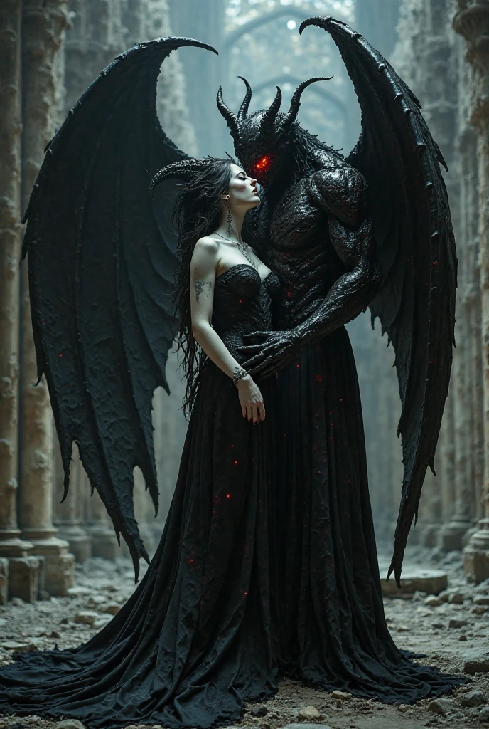 A beautiful white haired woman with black horns and bat wings in the background stands next to an evil demon man, who is wearing all black . The style of dark fantasy art, black dragon scales on his body, glowing eyes, smoke effects, photorealistic techniques, black hair, sharp shadows, fantasy characters. 