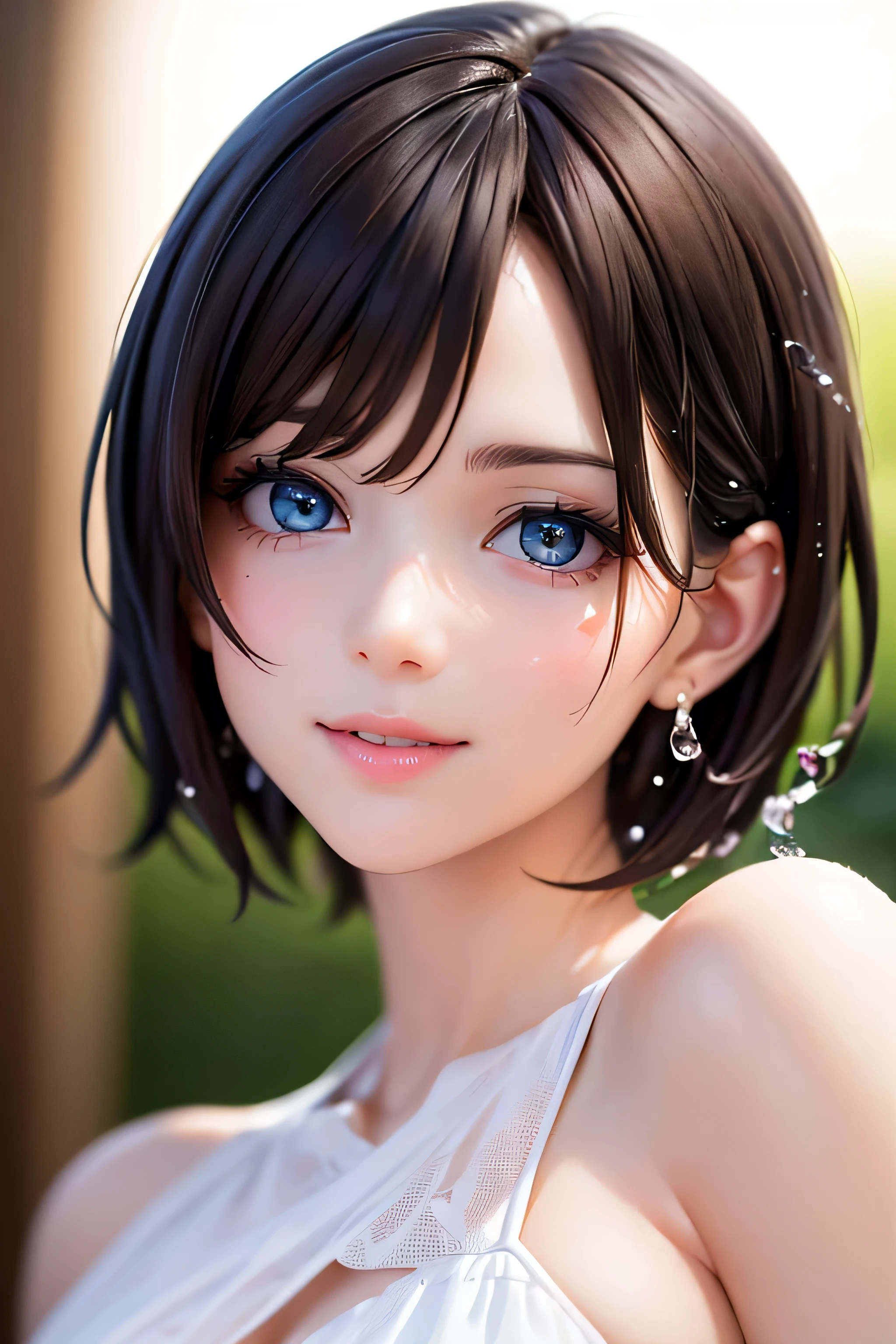 , ( brown short hair :1.5,Halterbra:1.5), Short braids, (photorealistic:1.8), (masterpiece, sidelights in the form of drops, Exquisitely Beautiful Eyes: 1.5), masterpiece portraits, realistic, 3d face,(cute face), front view: 1.6、 ( sparkling blue eyes :1.2),plump face:1.5,(We say:1.5)、(charming smile:1.2),Rosy Mouth, because I get used to ', abs, shiny hair, brown tanned skin , Glowing Skin: 1.5、medium breasts,Chest、alone,(stand)、(black micro bikini)、(character emphasis:1.5、 portraits:1.5、upper body),strand,